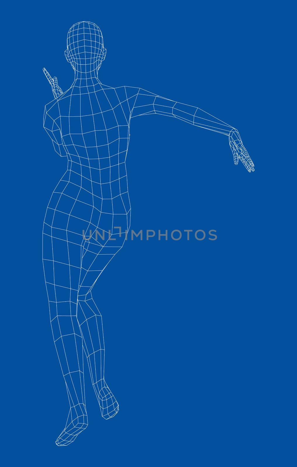 Wireframe ballerina or dancer in dance pose. Female dancing salsa. 3d illustration
