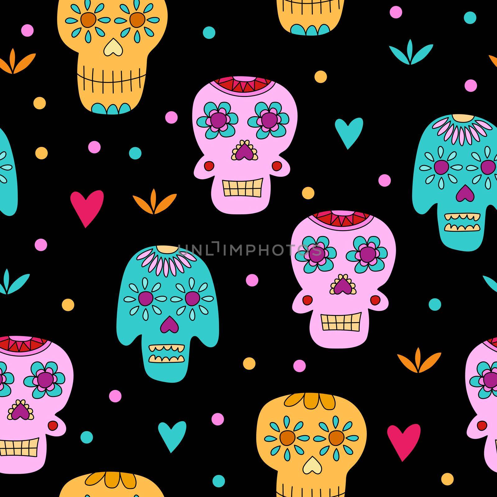 Sugar skull - seamless pattern on black. Day of the Dead concept. Design for fabric or packaging