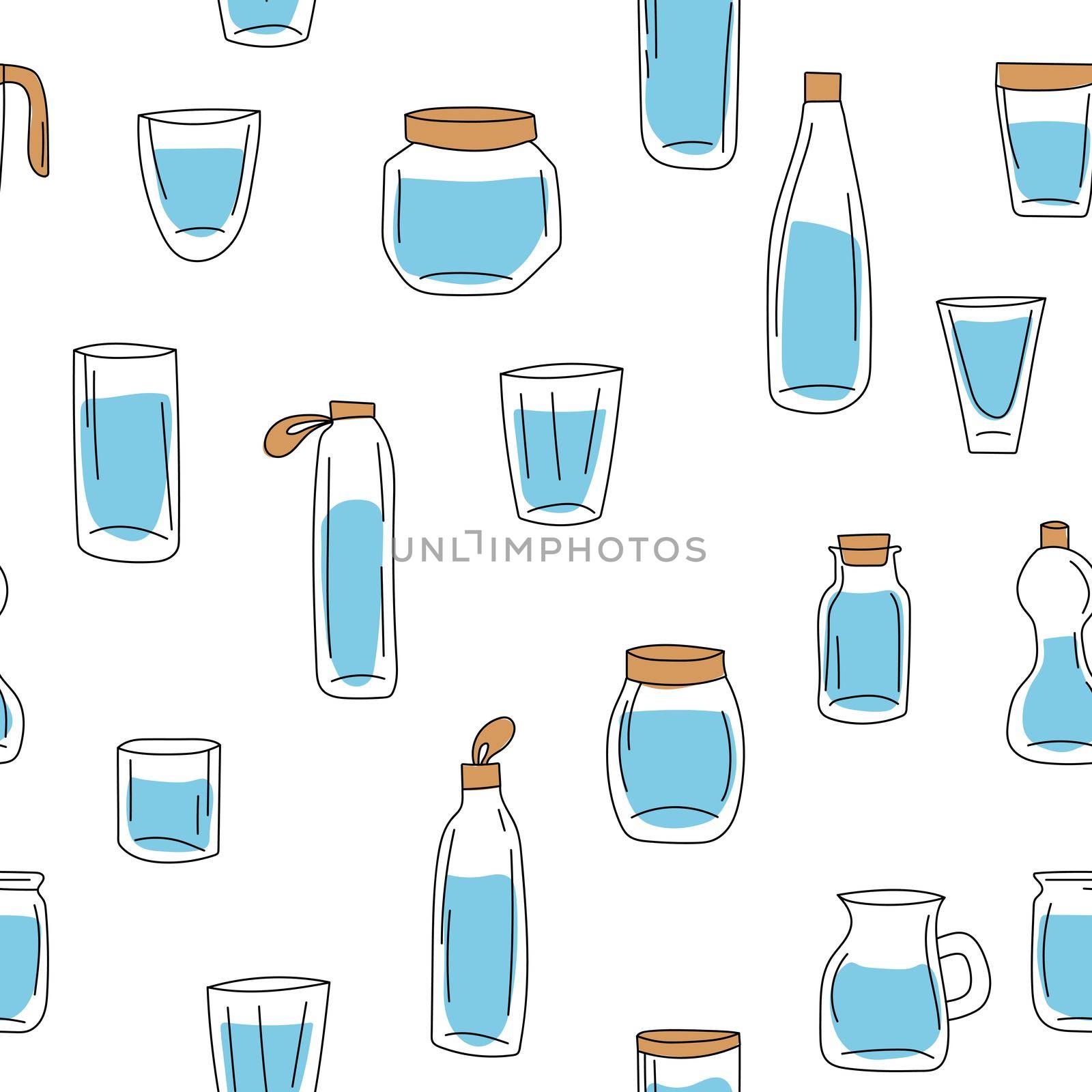 Glass bottle with water illustration on white background. Hand drawn vector. Seamless pattern in doodle art for wrapping paper, wallpaper, backdrop