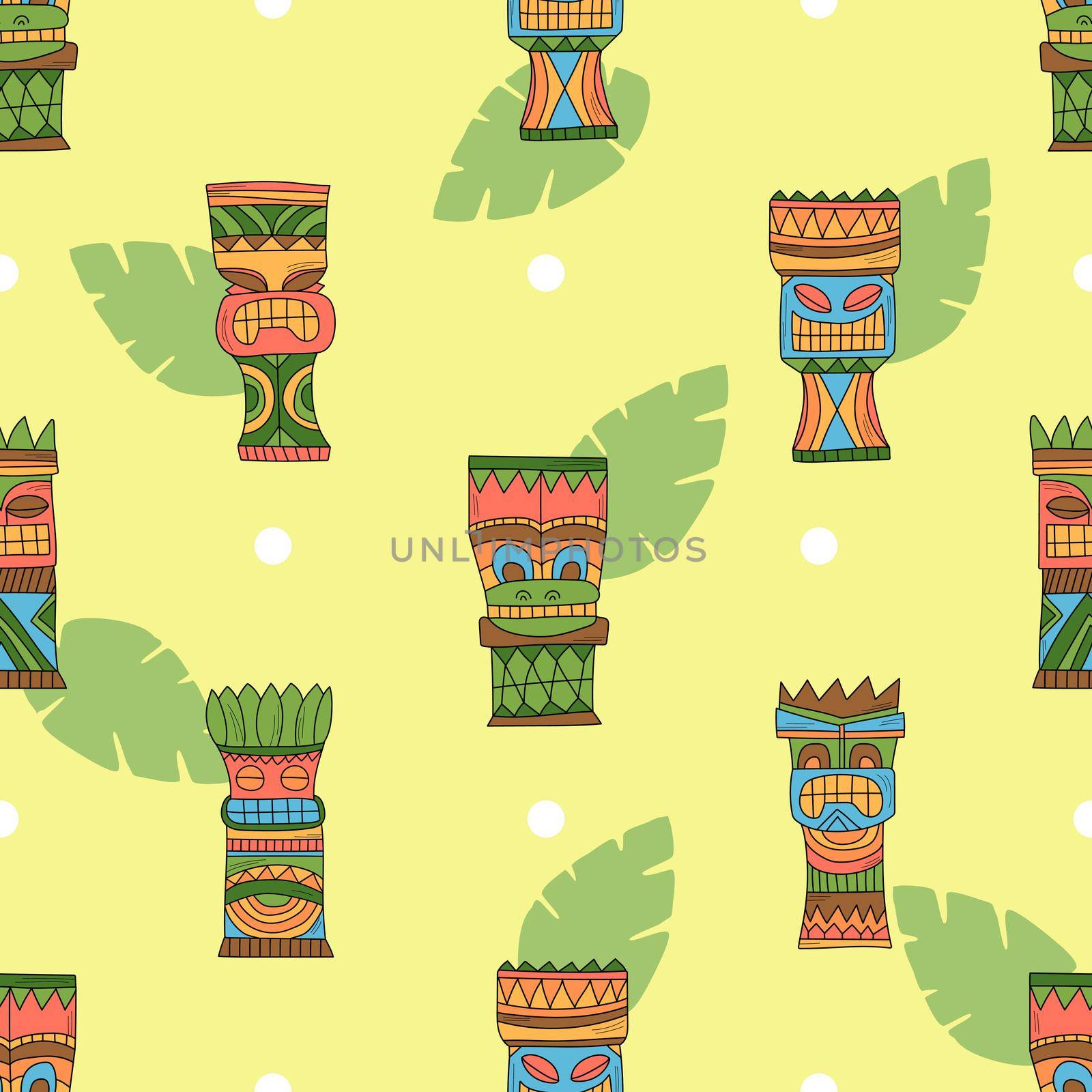 Tiki hawaiian mask - summer vector illustration - with tropical palm leaves - seamless pattern