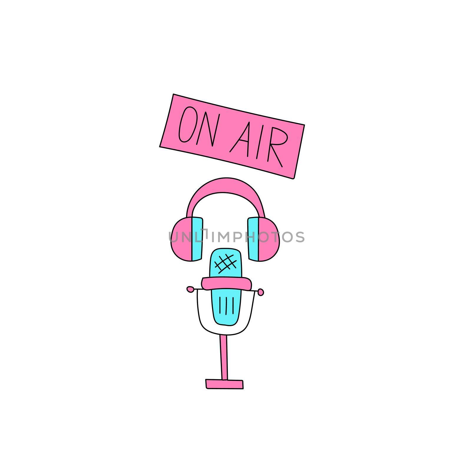 Microphone, headphones, a sign on air. Hand-drawn style in pink and blue on a white background. Icons for design or stickers