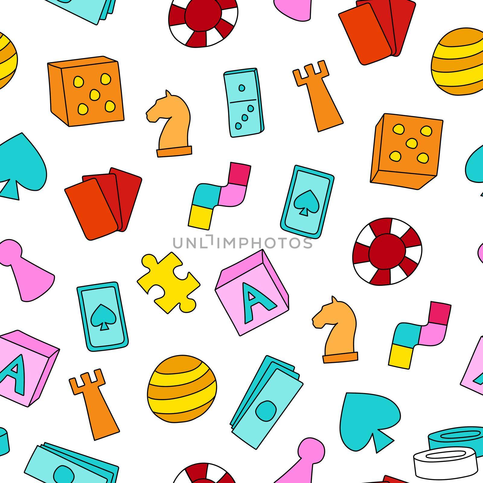 Board game themed seamless pattern. Colorful cartoon game pieces, playing cards. Pattern for wrapping paper or fabric
