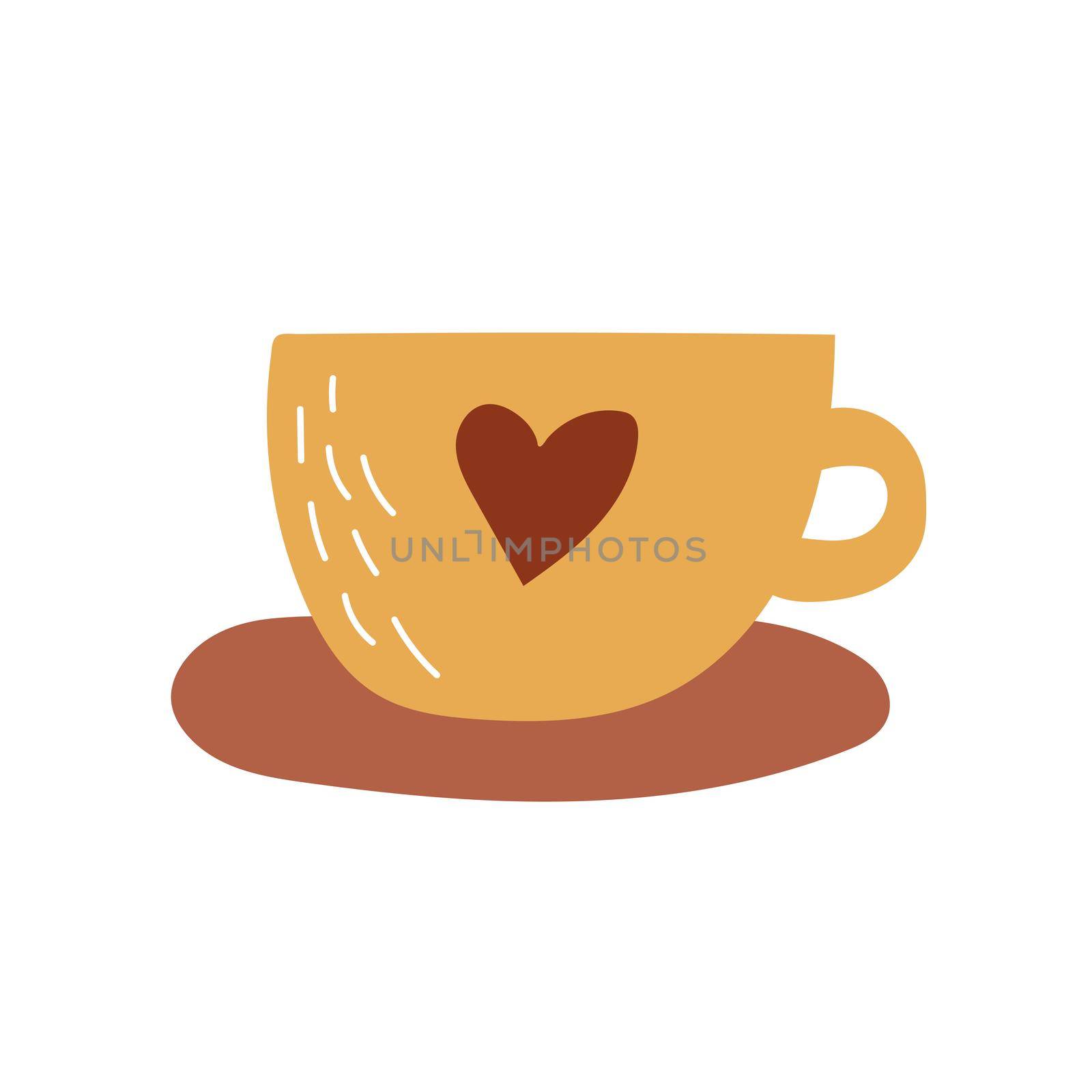 Tea cup with heart hand drawn in trending color. Scandinavian hygge style. Cozy home icon in simple style on white