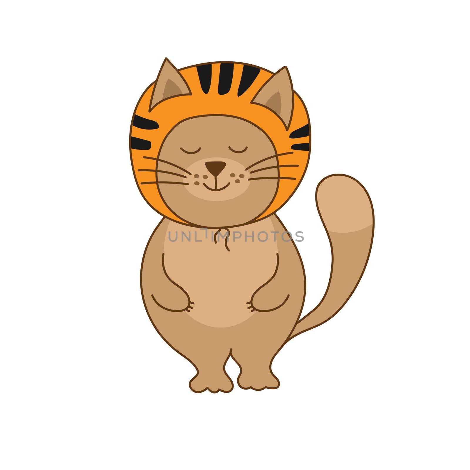 Vector illustration of a cute cat in tiger costume with a white background. Symbol of the new year.