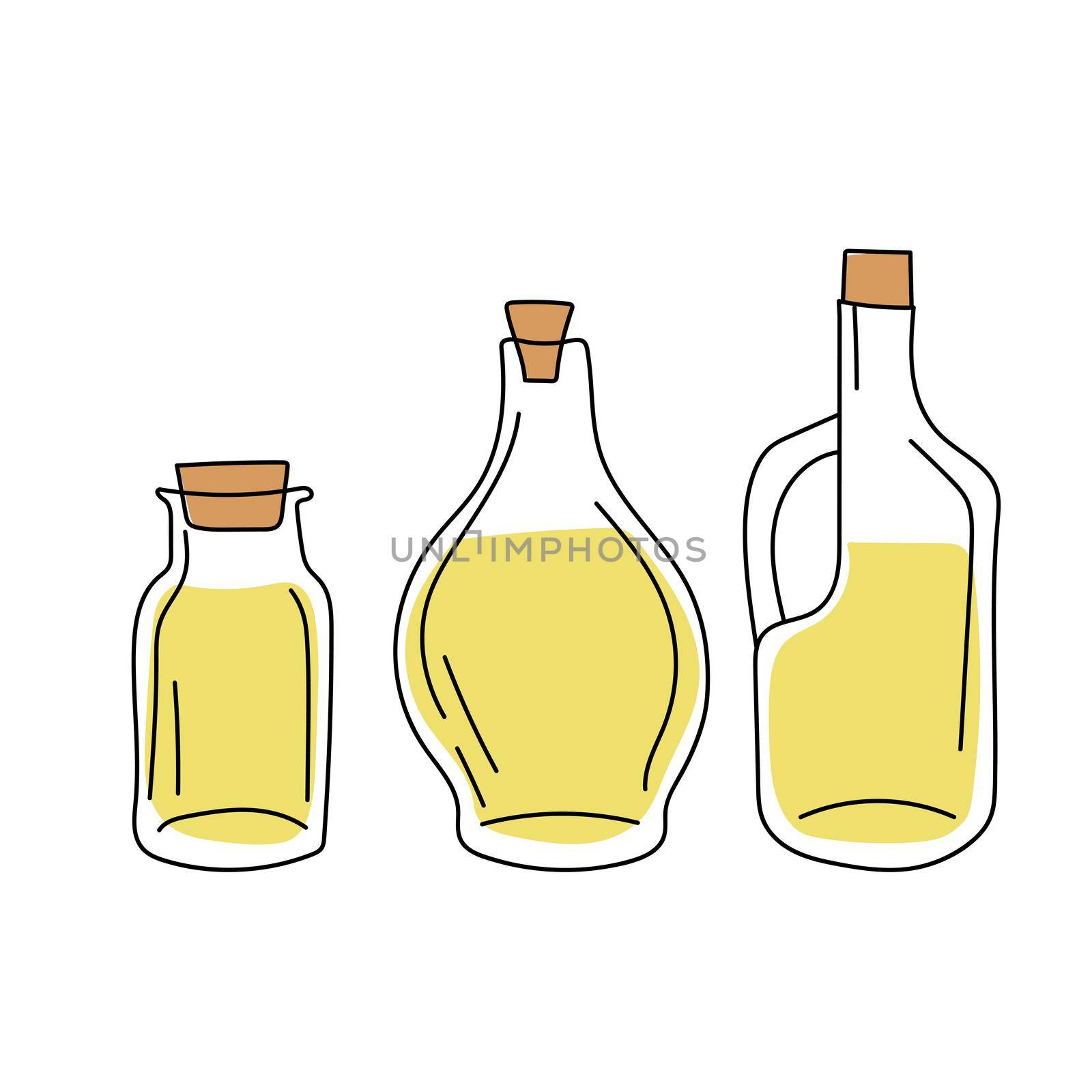 Hand drawn sketch - collection of olive oil bottles. Great design elements for olive oil products on white