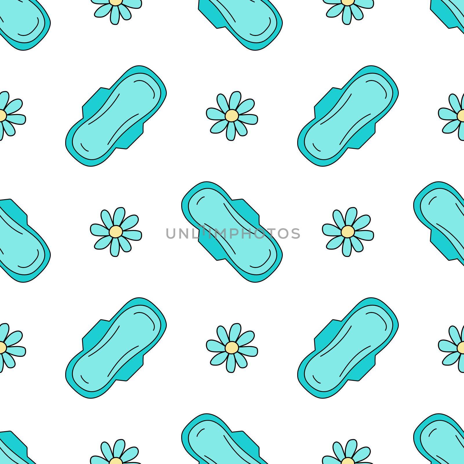 Seamless pattern. Sanitary napkin with chamomile scent. Vector illustration in blue and white background