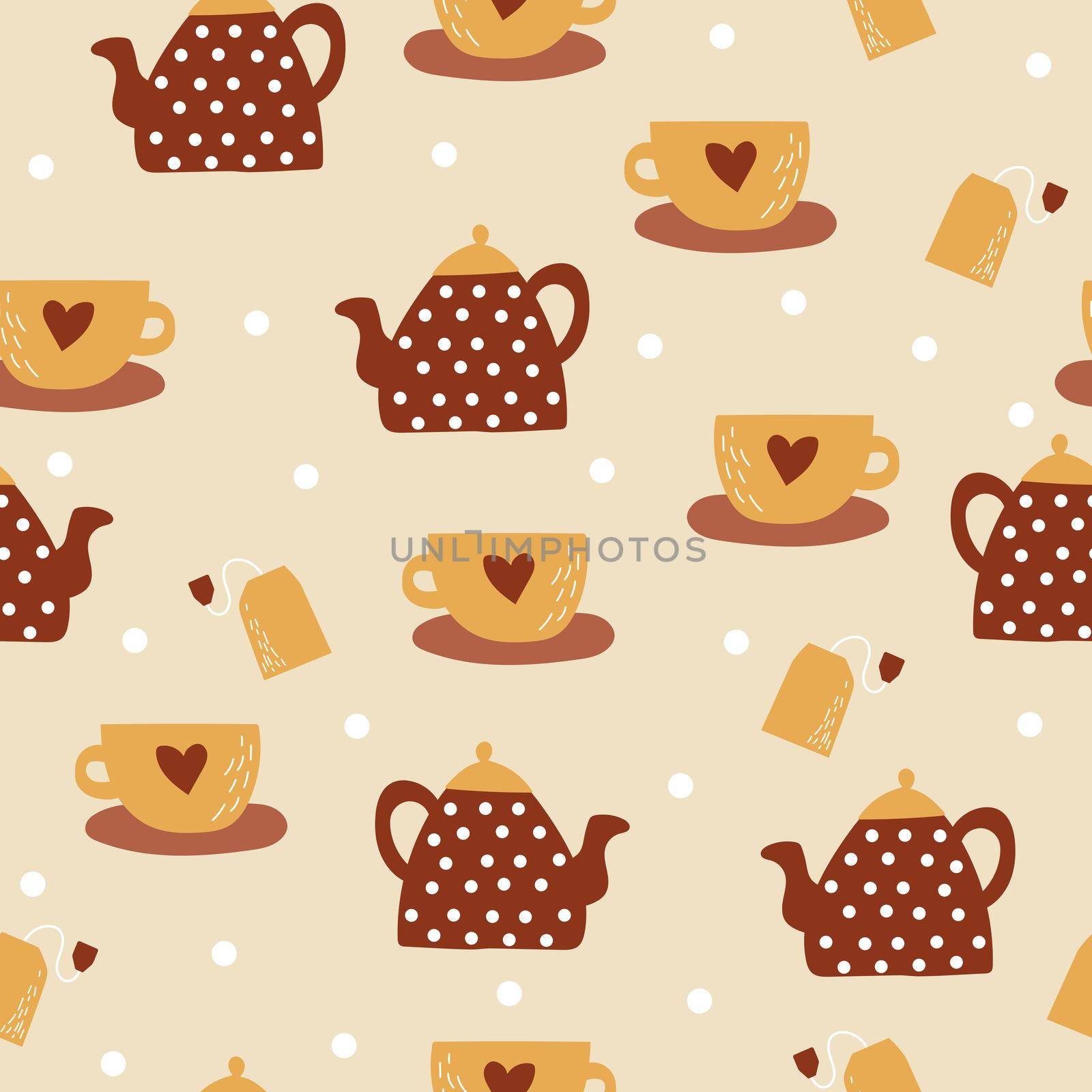 Vector seamless pattern with cups, teapot, tea bag. Teatime. Hand drawn style. Illustration for decoration menu, fabric, wrapping and textile