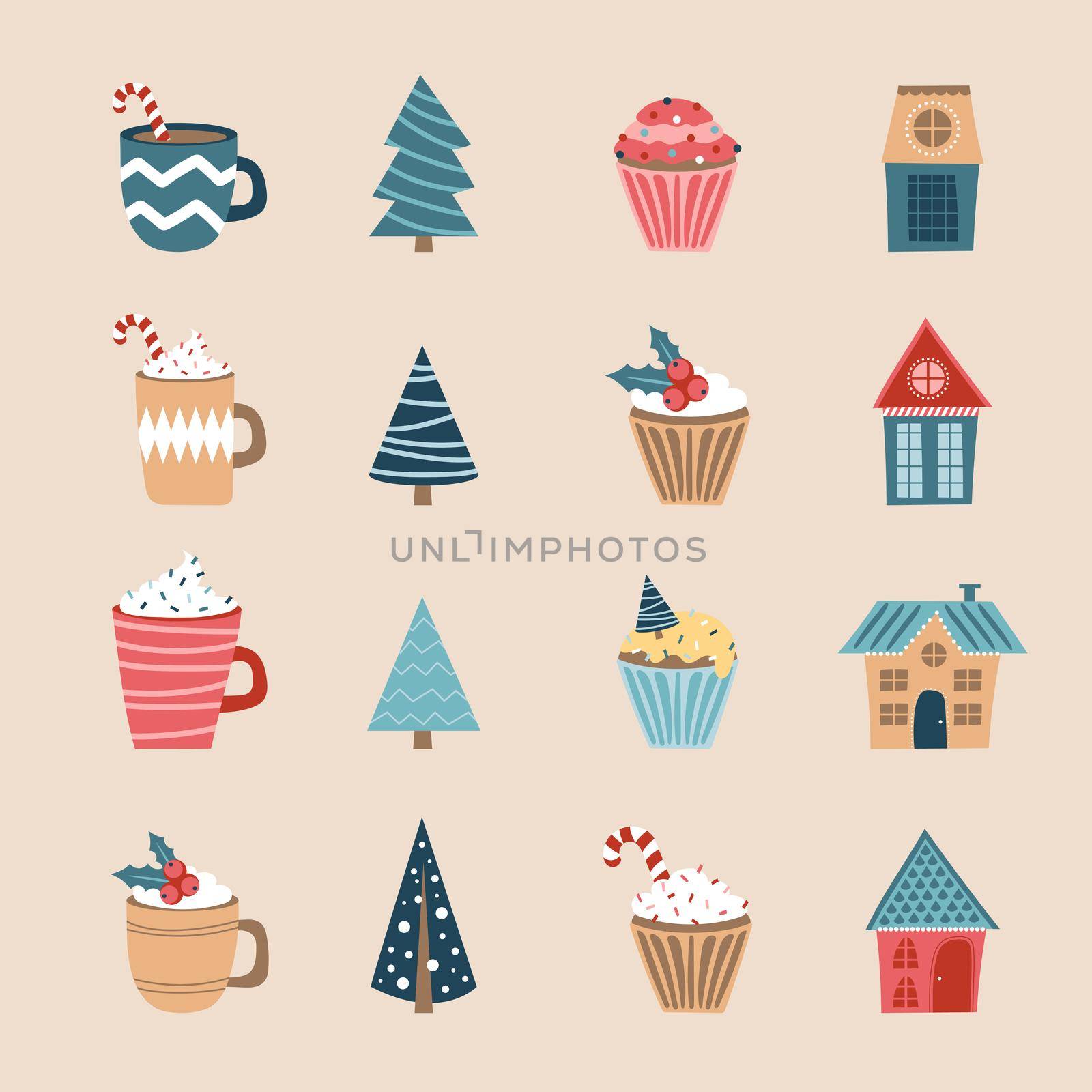Merry Christmas icon set. Holiday icons. Cups, cupcakes, houses and trees for festive design. New year element, flat symbol