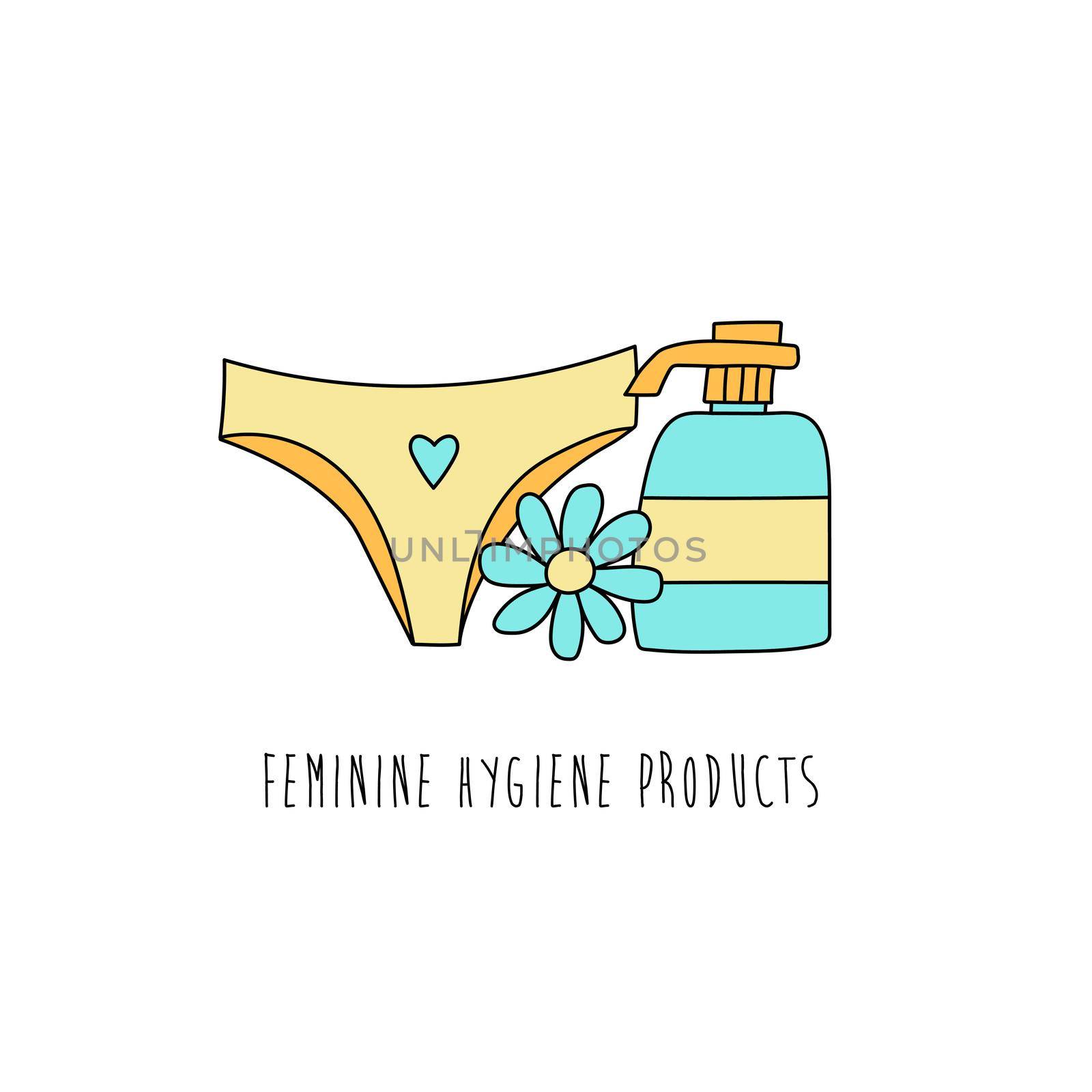 Soap for intimate hygiene. Panties and chamomile in a hand-drawn style on a white background. Vector illustration isolated on white background
