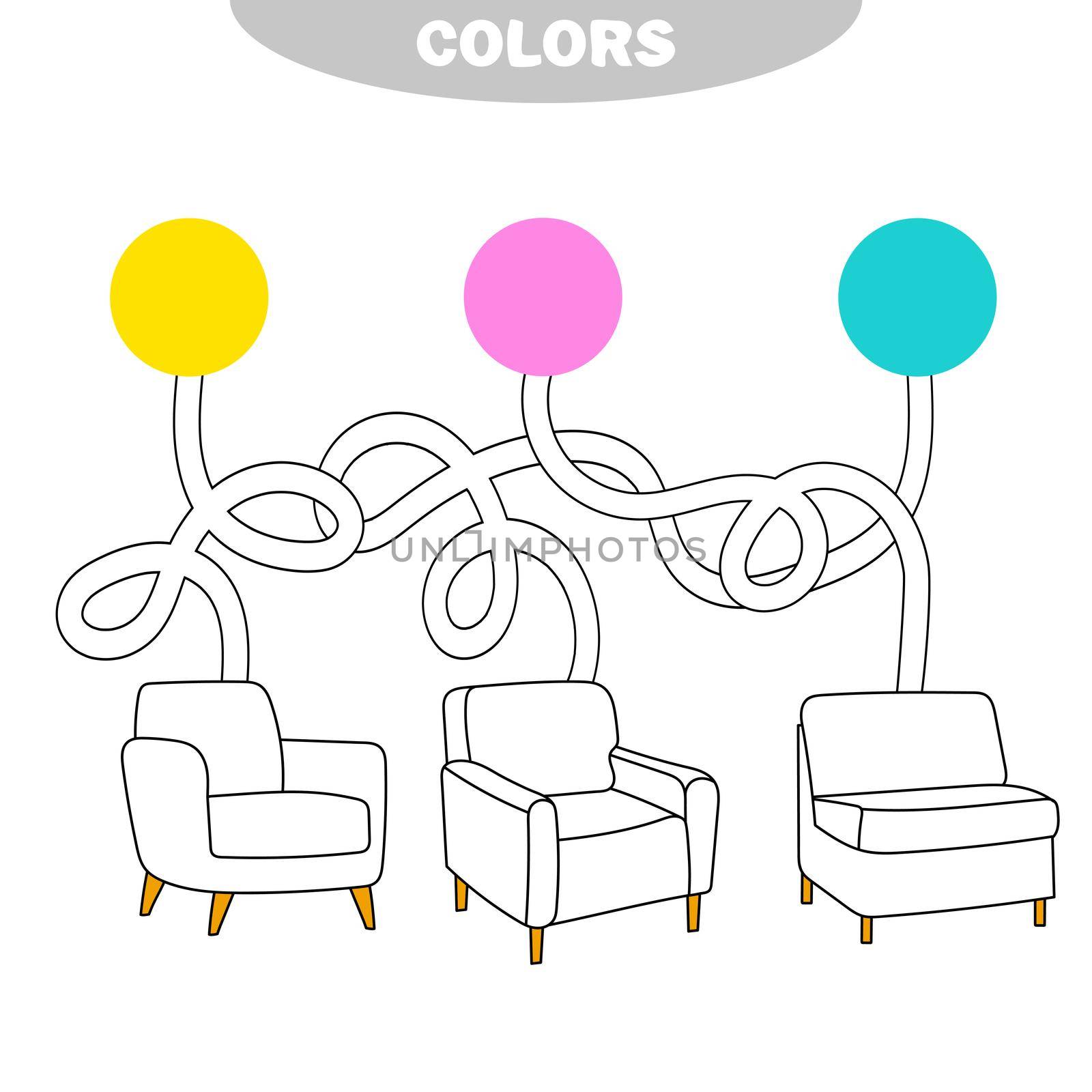 Puzzle for children. Pick a color, go through the maze and paint the chair the right color. Coloring book for children