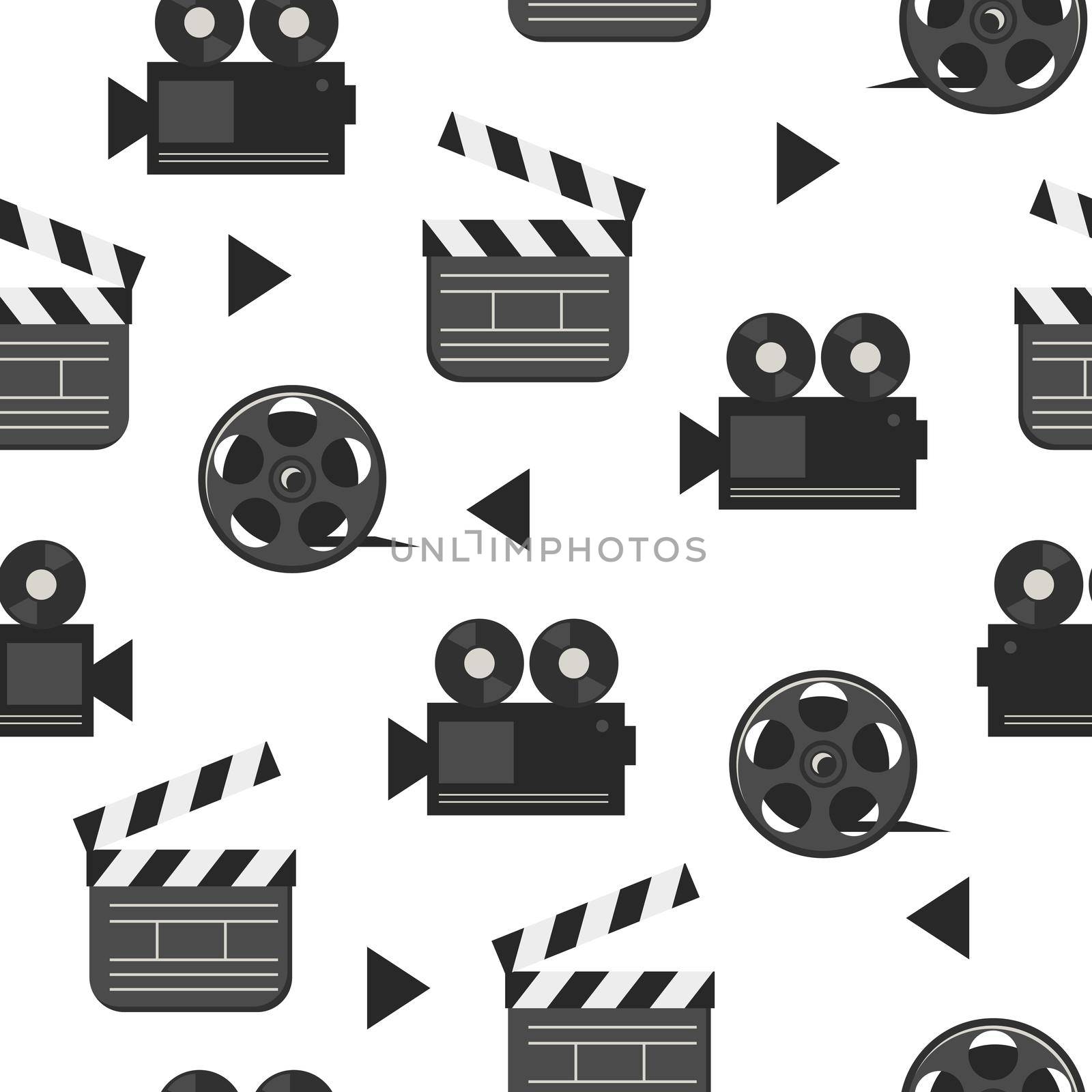 Film reel and clapperboard - seamless pattern on white, movie and film industry, vector illustration