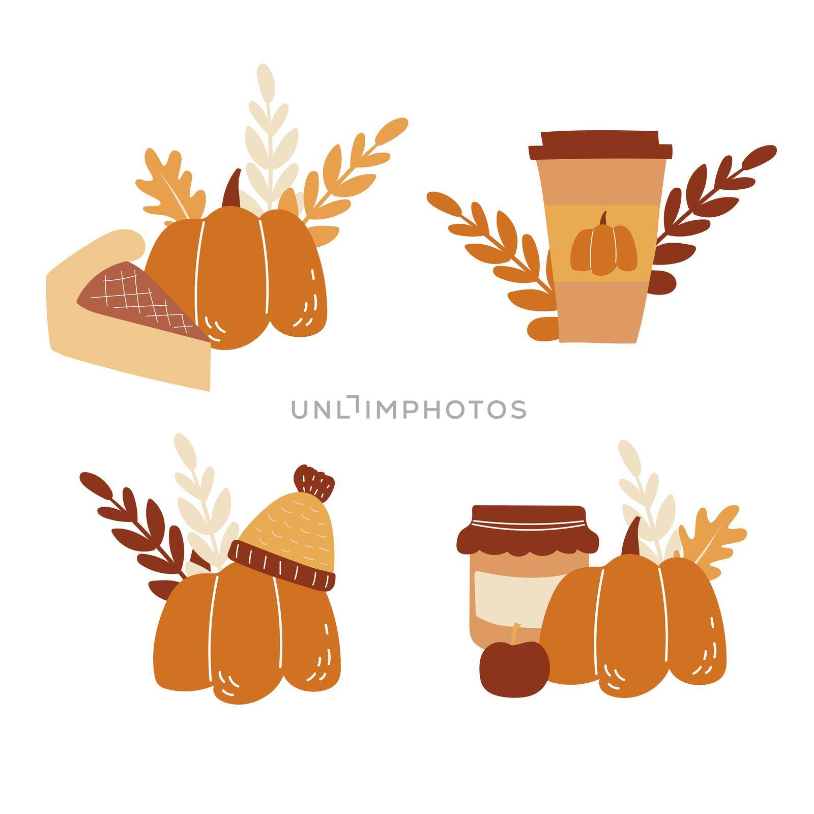 Vector set of cards with hand-drawn images of pumpkin food and coffee. by natali_brill