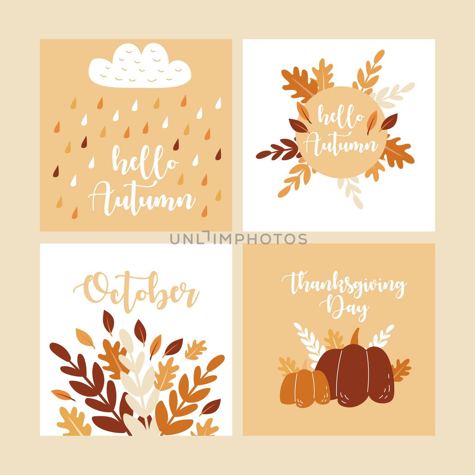 Set of four autumn templates. Vector design for card, poster, flyer, web and other users. Trendy hand drawn textures.