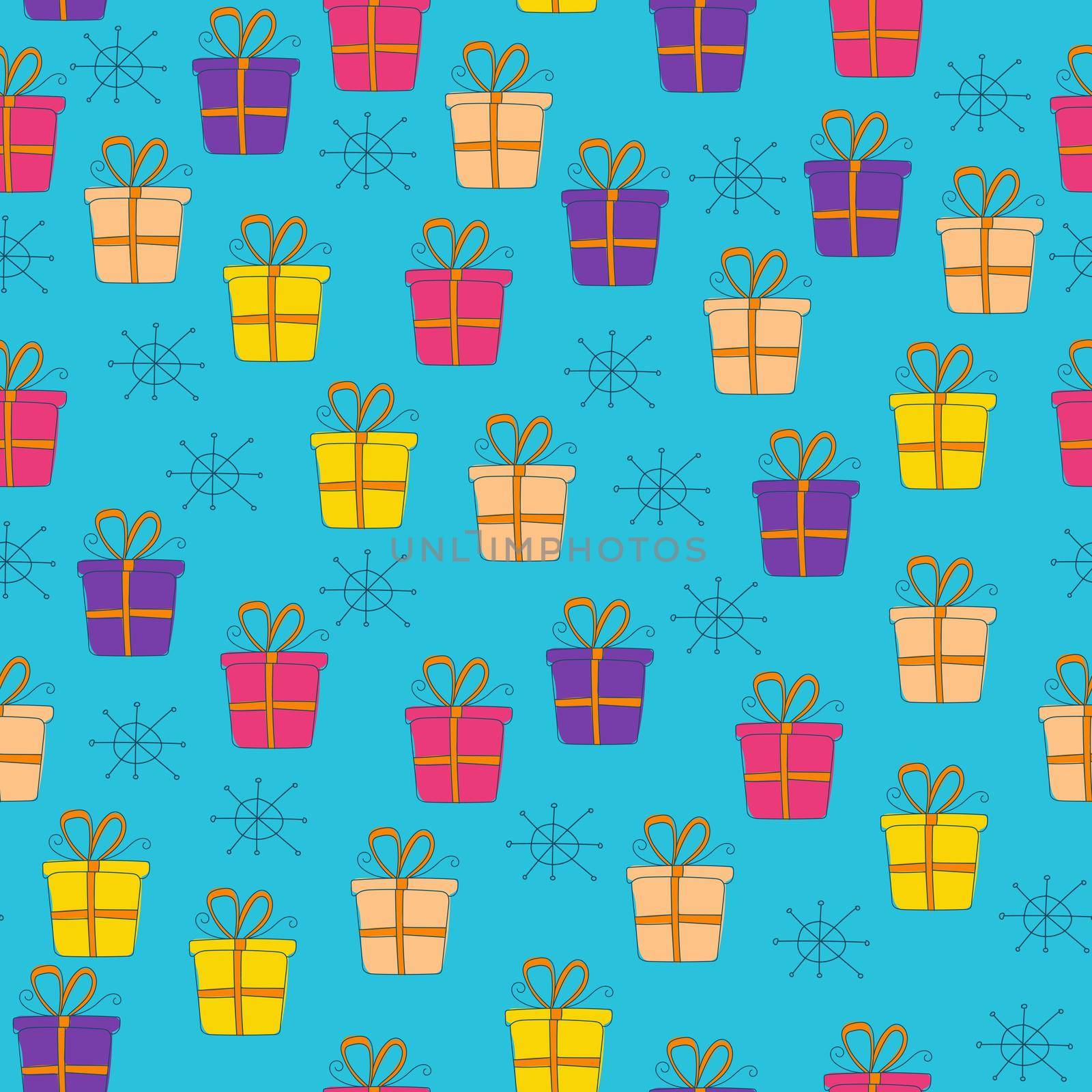 Gift boxes doodles hand drawn vector seamless pattern on blue background by natali_brill