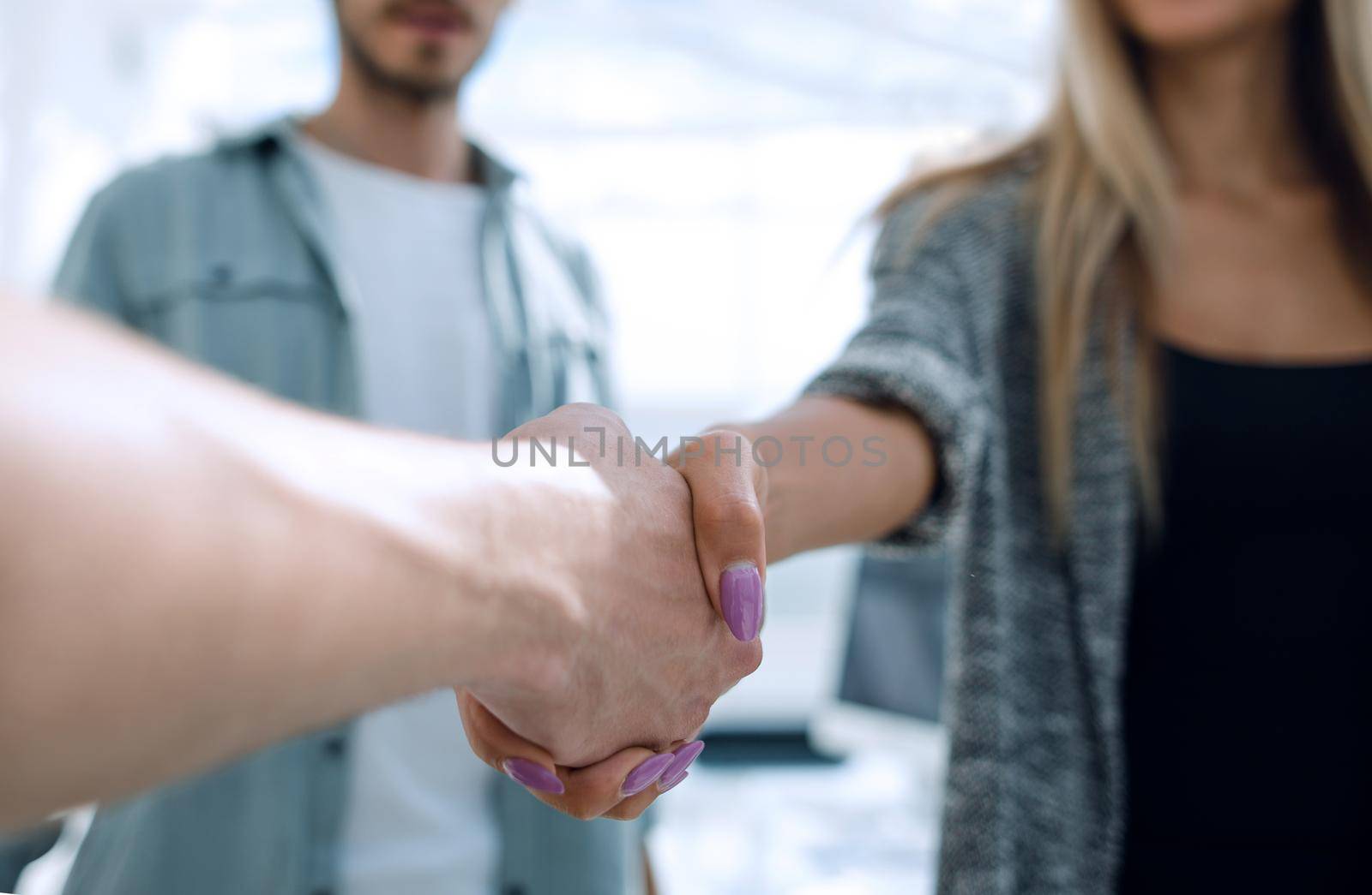 Lawyer handshaking with client in office, closeup