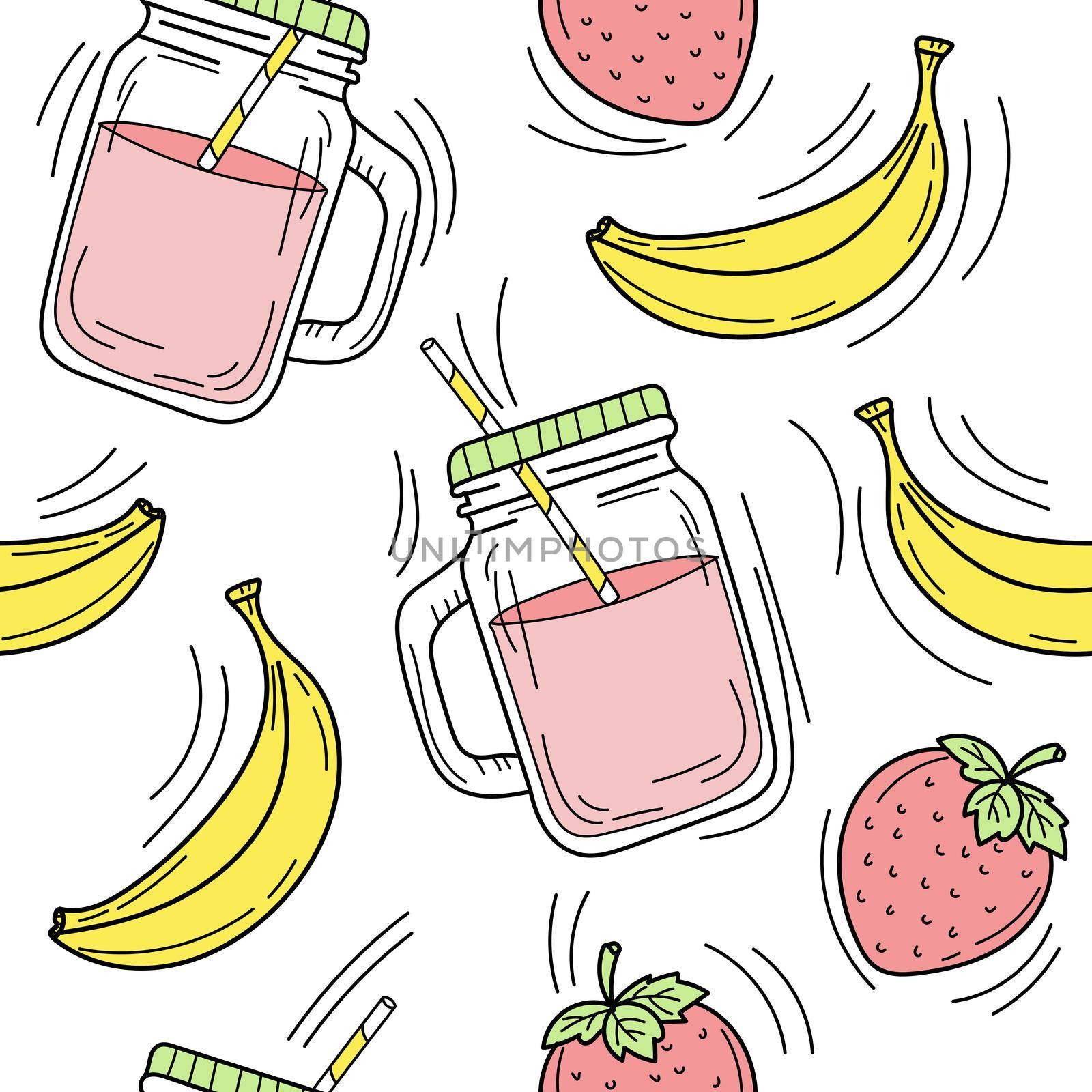 Banana and strawberry smoothie in glass jar. Hand drawn seamless pattern by natali_brill