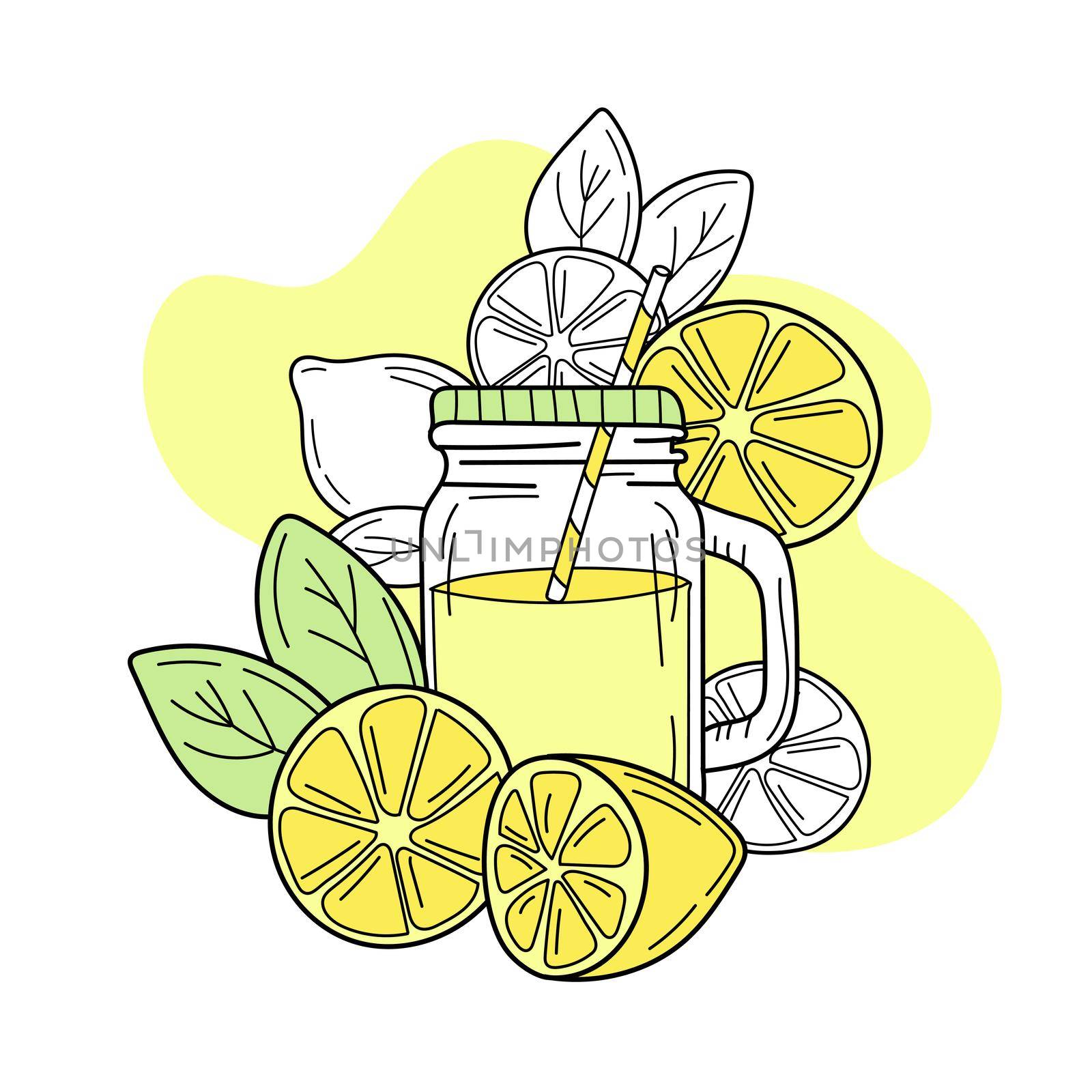 Yellow lemons and lemonade in glass jar. Fresh summer drink. Isolated hand drawn image on white background. Detox and healthy life.