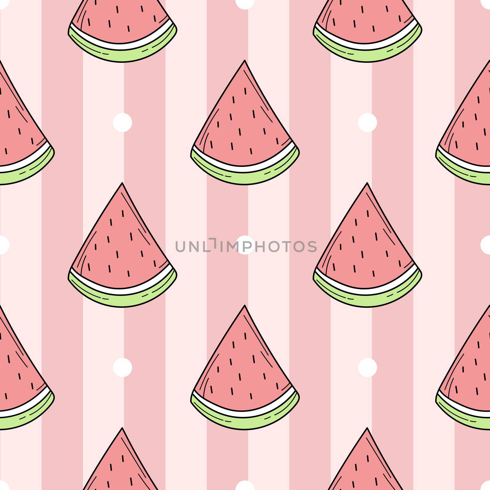 Seamless pattern of color hand drawn watermelons for design. Endless pattern on pink striped background for print, textile, packaging, menu