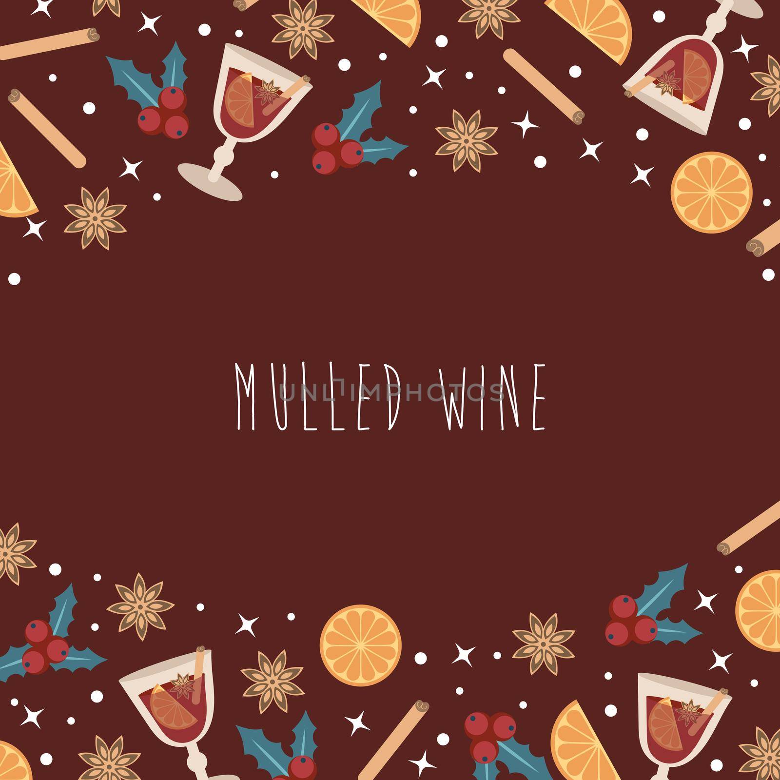 Hot mulled wine in a glass and elements and spices for a drink on a burgundy background. For the design of winter and autumn street fairs, menus