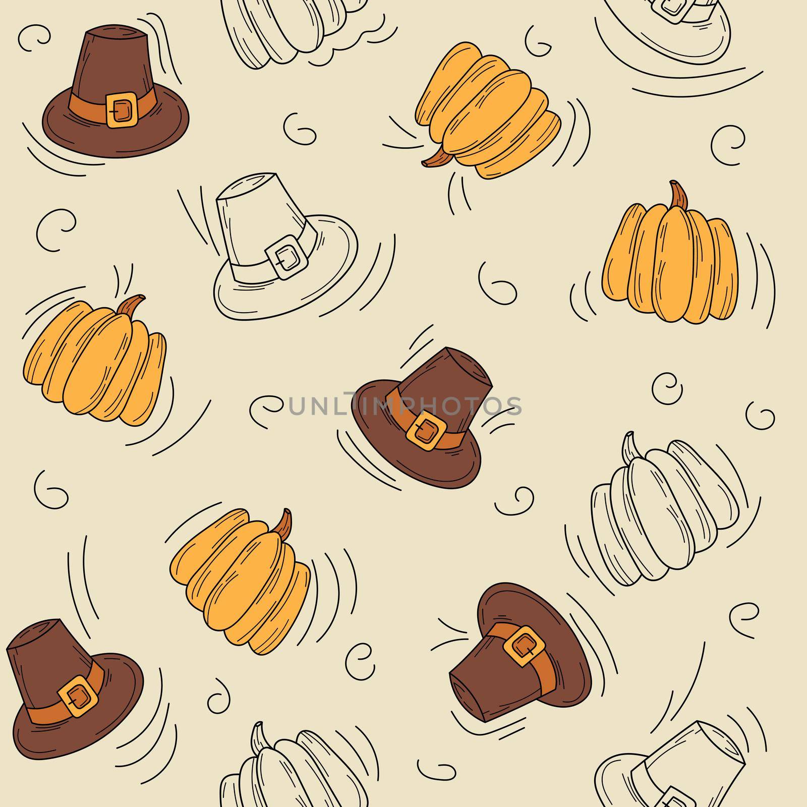 Seamless autumn pattern. Hat and pumpkin - Hand drawn thanksgiving icons by natali_brill