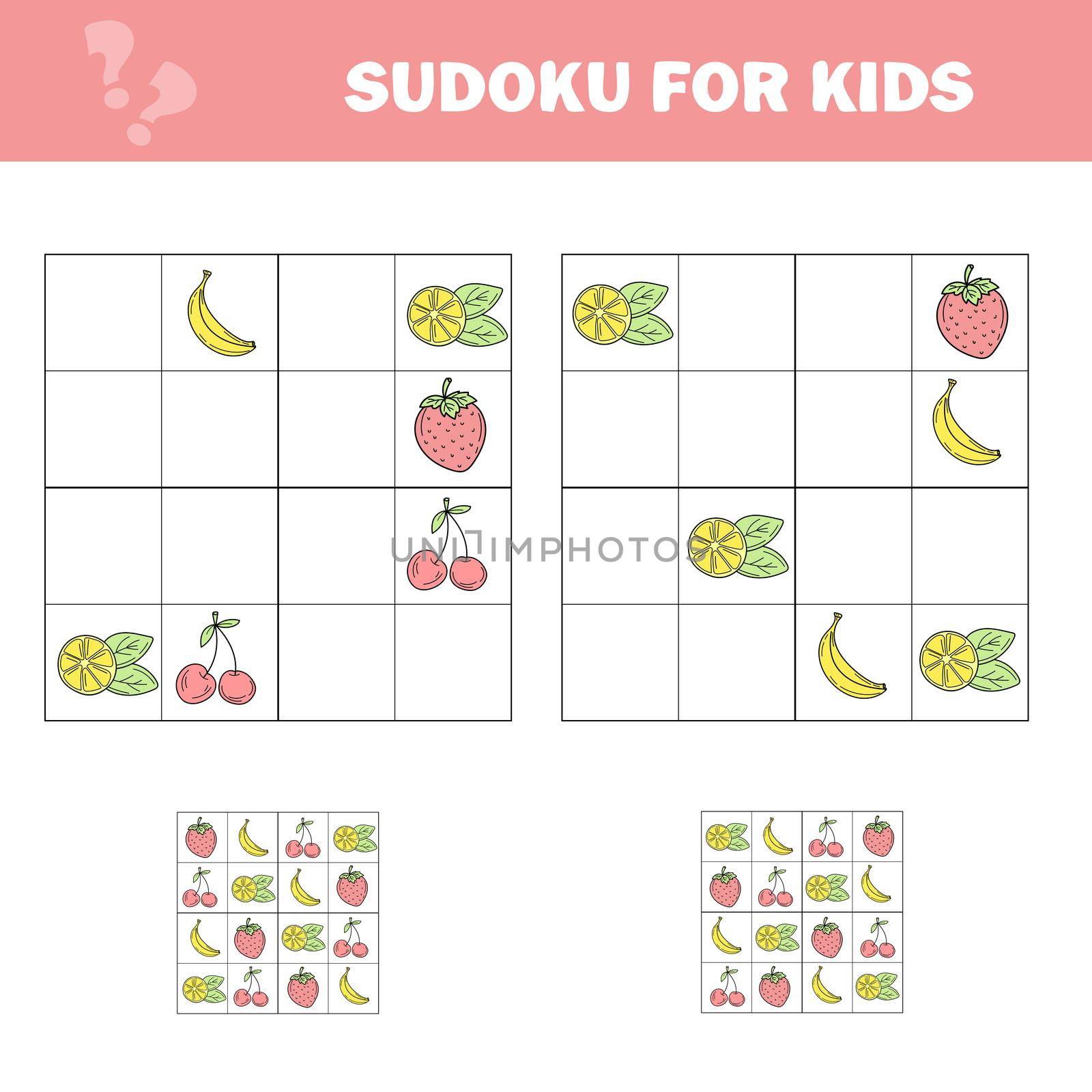 Sudoku game for children with pictures. Kids activity sheet. Cartoon fruits. Banana, lemon, cherry, strawberry