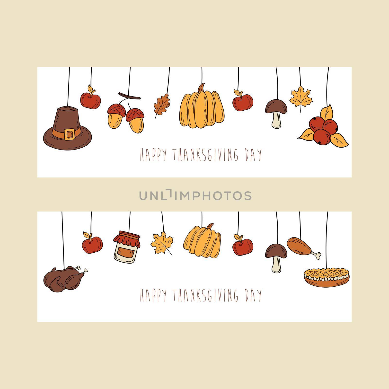 Hand drawn Thanksgiving banner design. Holiday card in doodle style by natali_brill