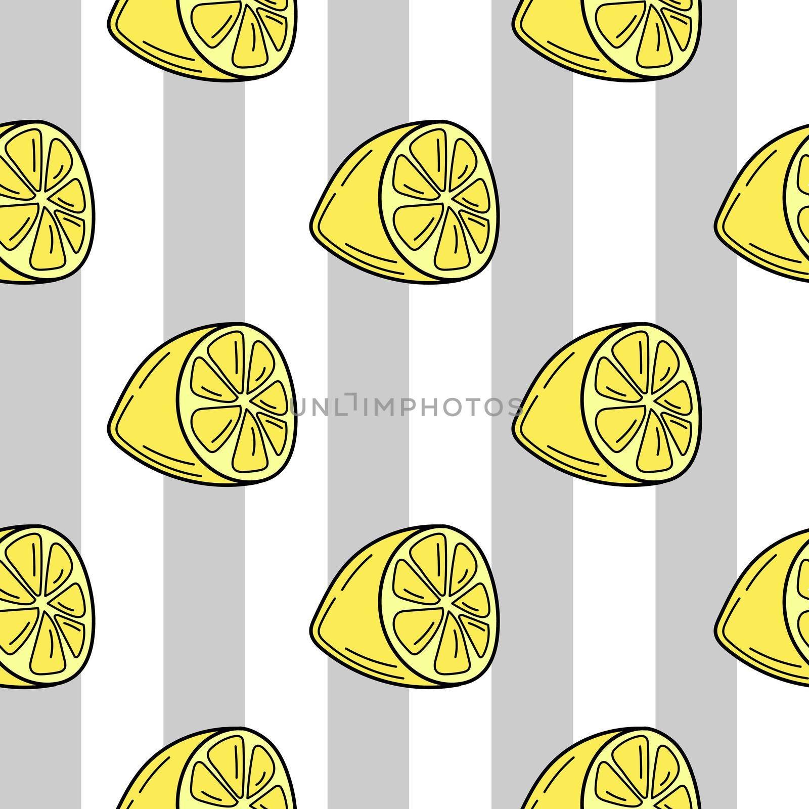 Hand-drawn lemons on a striped seamless background. Cartoon bright background for packaging, menu, textiles. Colorful wallpaper vector