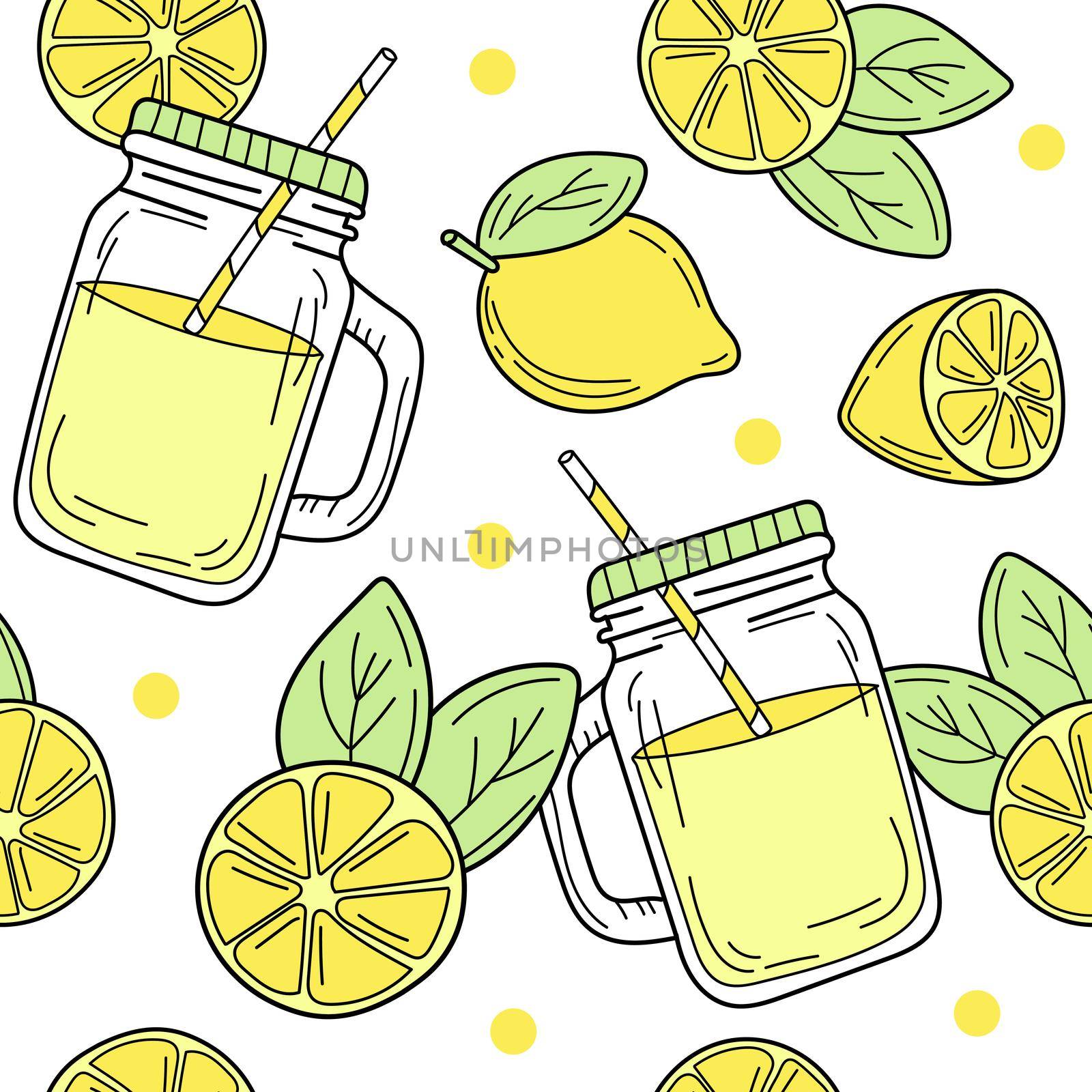 Seamless pattern with cartoon lemons and a glass jar with lemonade by natali_brill