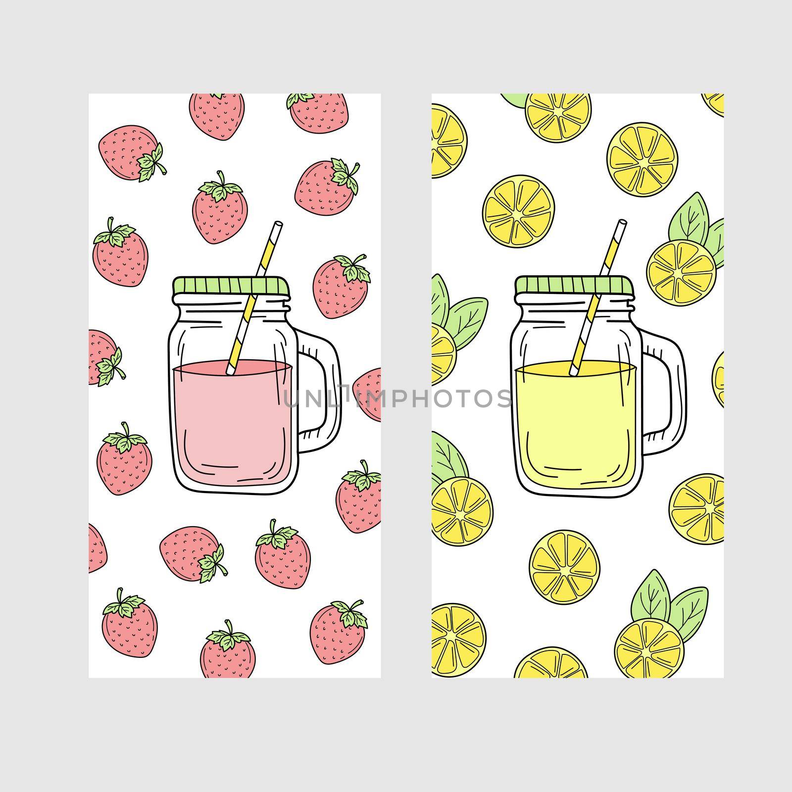 Cute set of bright summer cards with drinks. Lemon and strawberry lemonade and smoothies.
