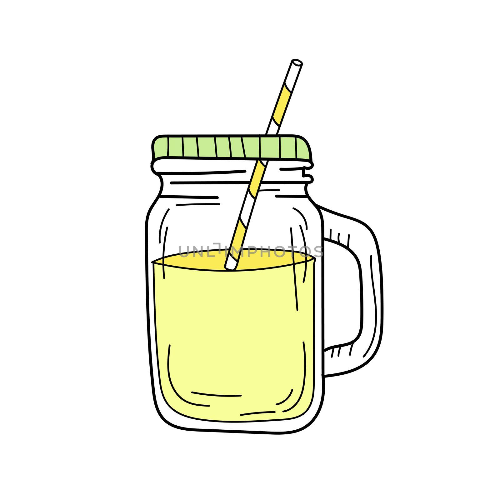Yellow lemonade in glass jar. Fresh summer drink. Isolated hand drawn image on white background. Detox and healthy life.