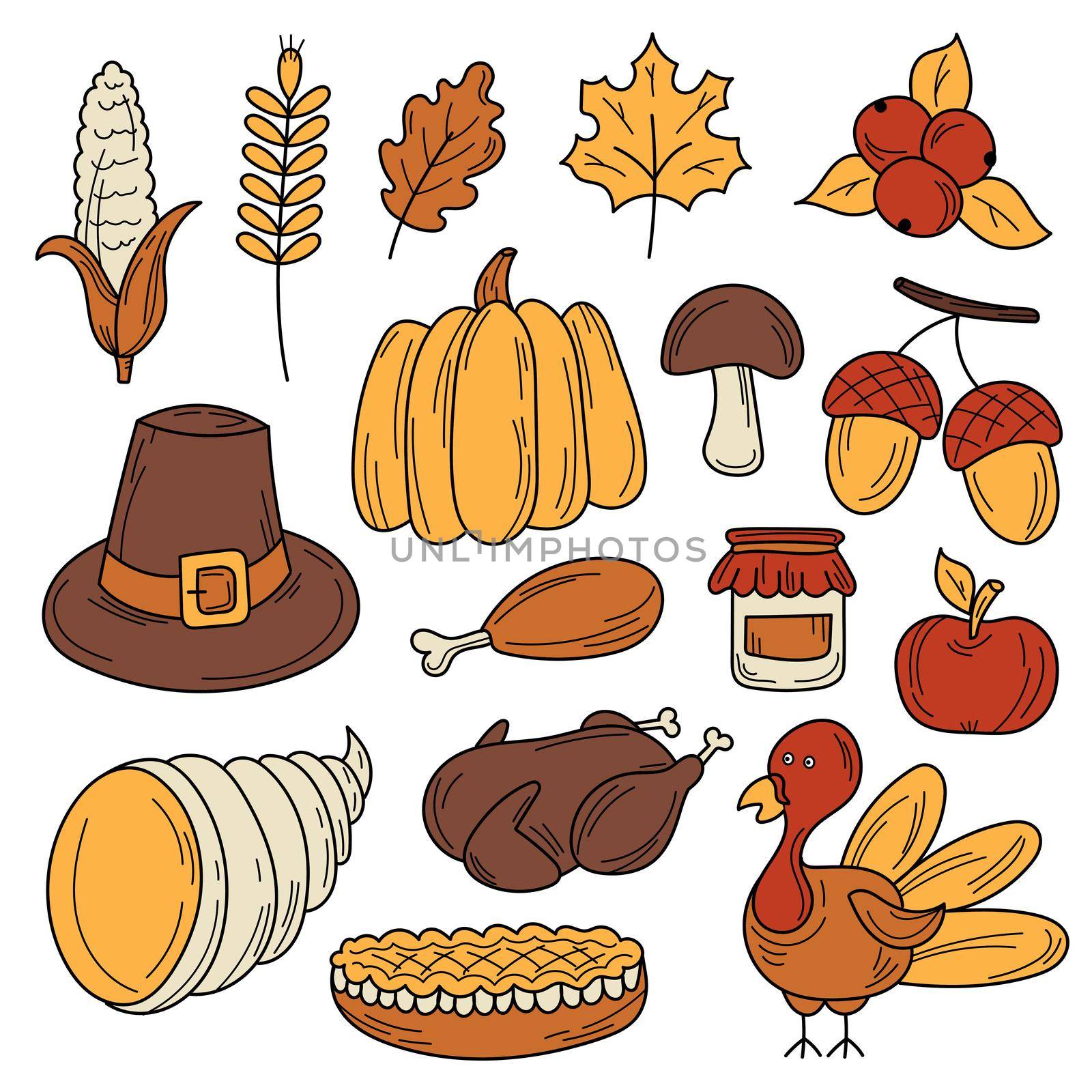 Colorful vector hand drawn doodle cartoon set of objects and symbols on the Thanksgiving autumn theme