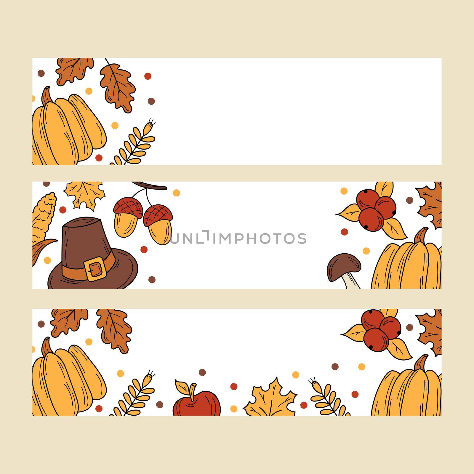 Hand drawn Thanksgiving elements for banner design. Holiday card in doodle style on white. Set of three horizontal banners