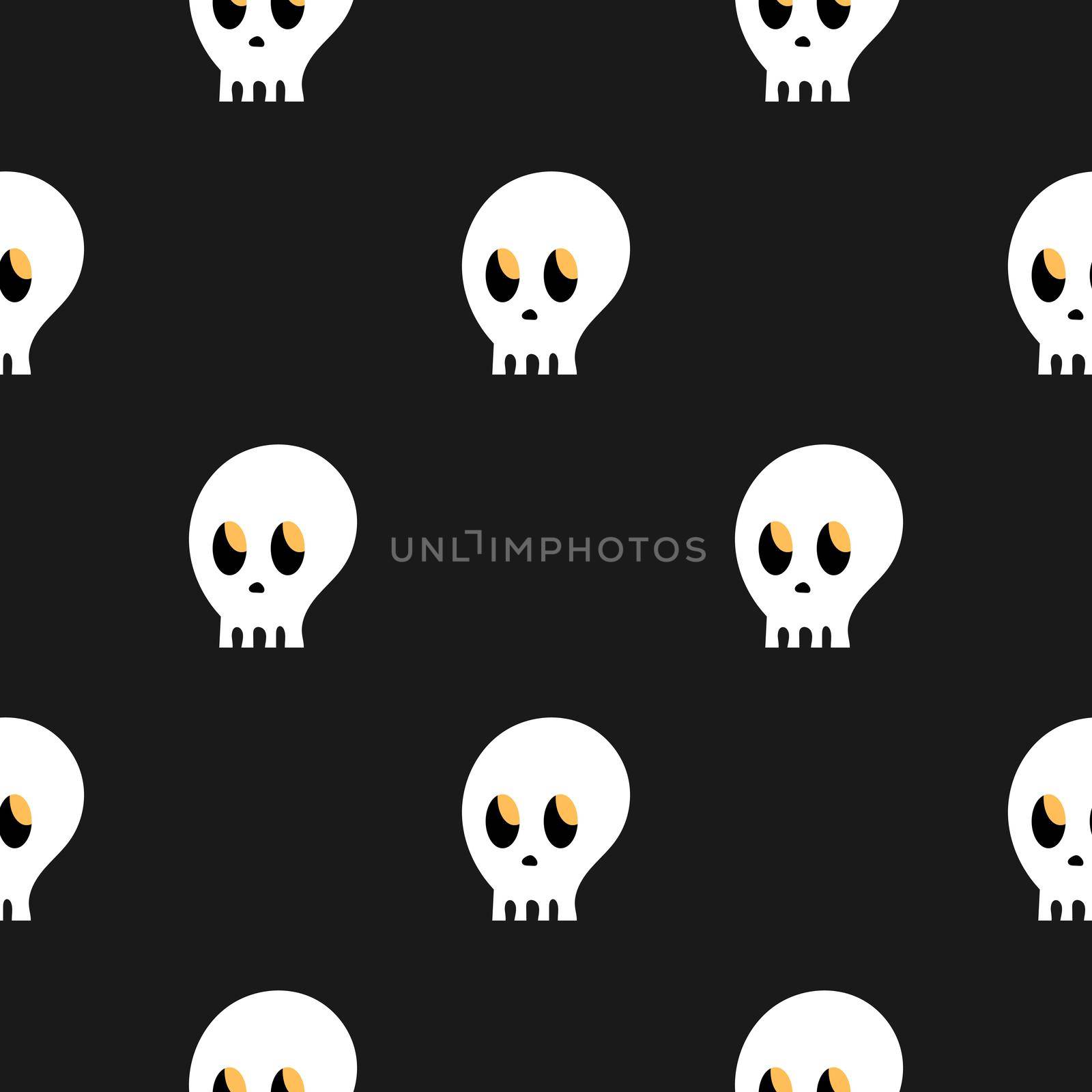The pattern of the skull. Skulls on a black background. Cartoon seamless pattern. Endless texture. Bright and fashionable design for Halloween