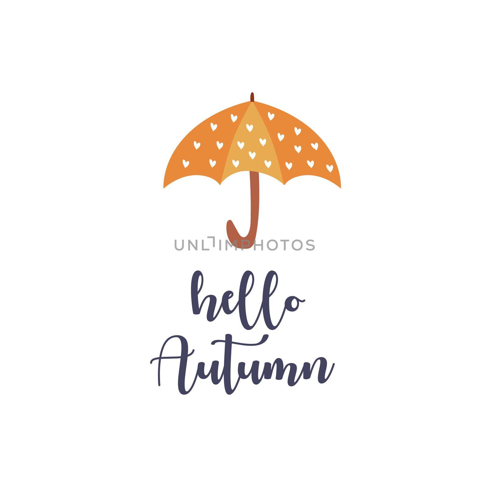 Autumn postcard with the inscription hello autumn and the image of a umbrella. Cartoon doodle style