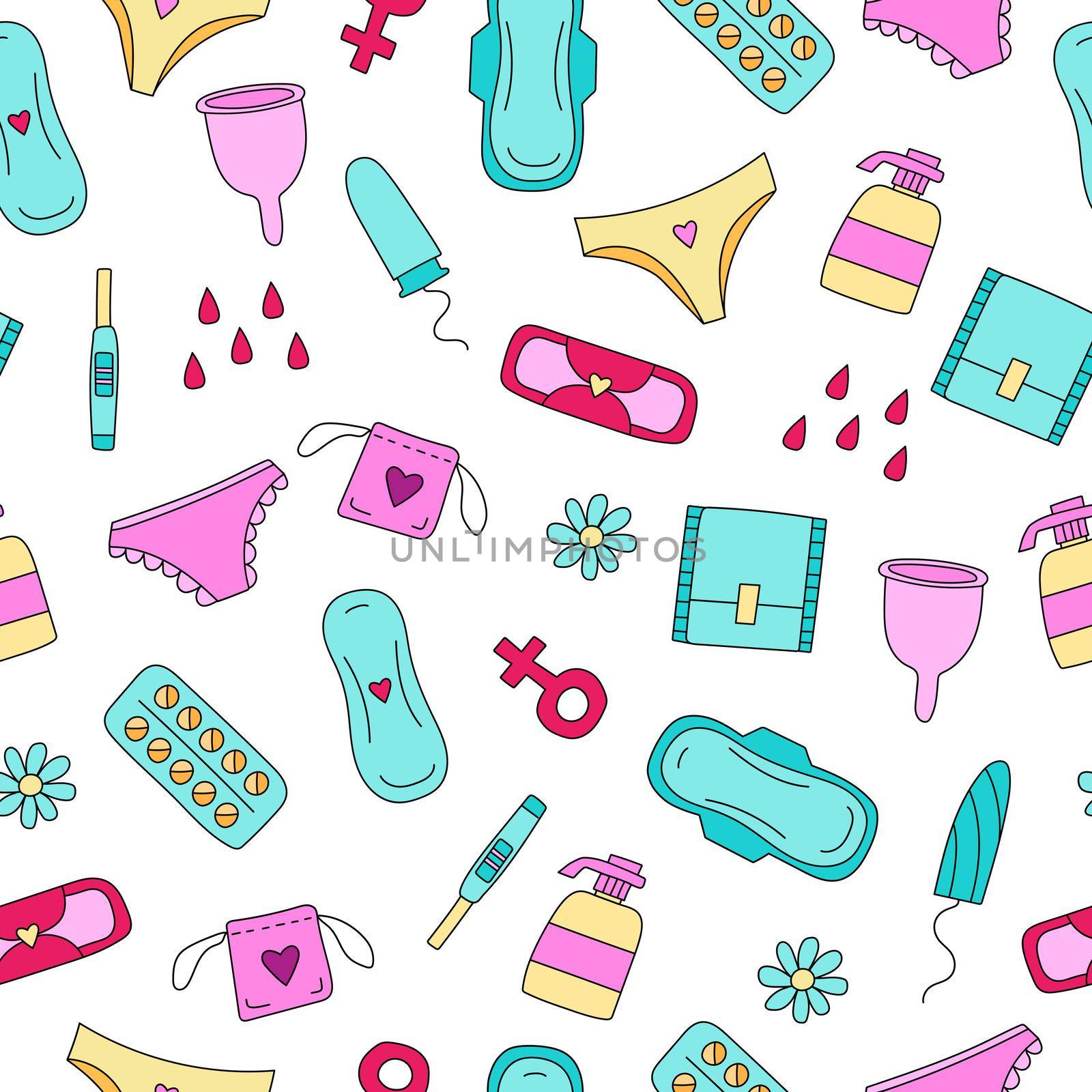 Seamless pattern illustration with feminine hygiene products. Tampons, pads. Menstrual protection.