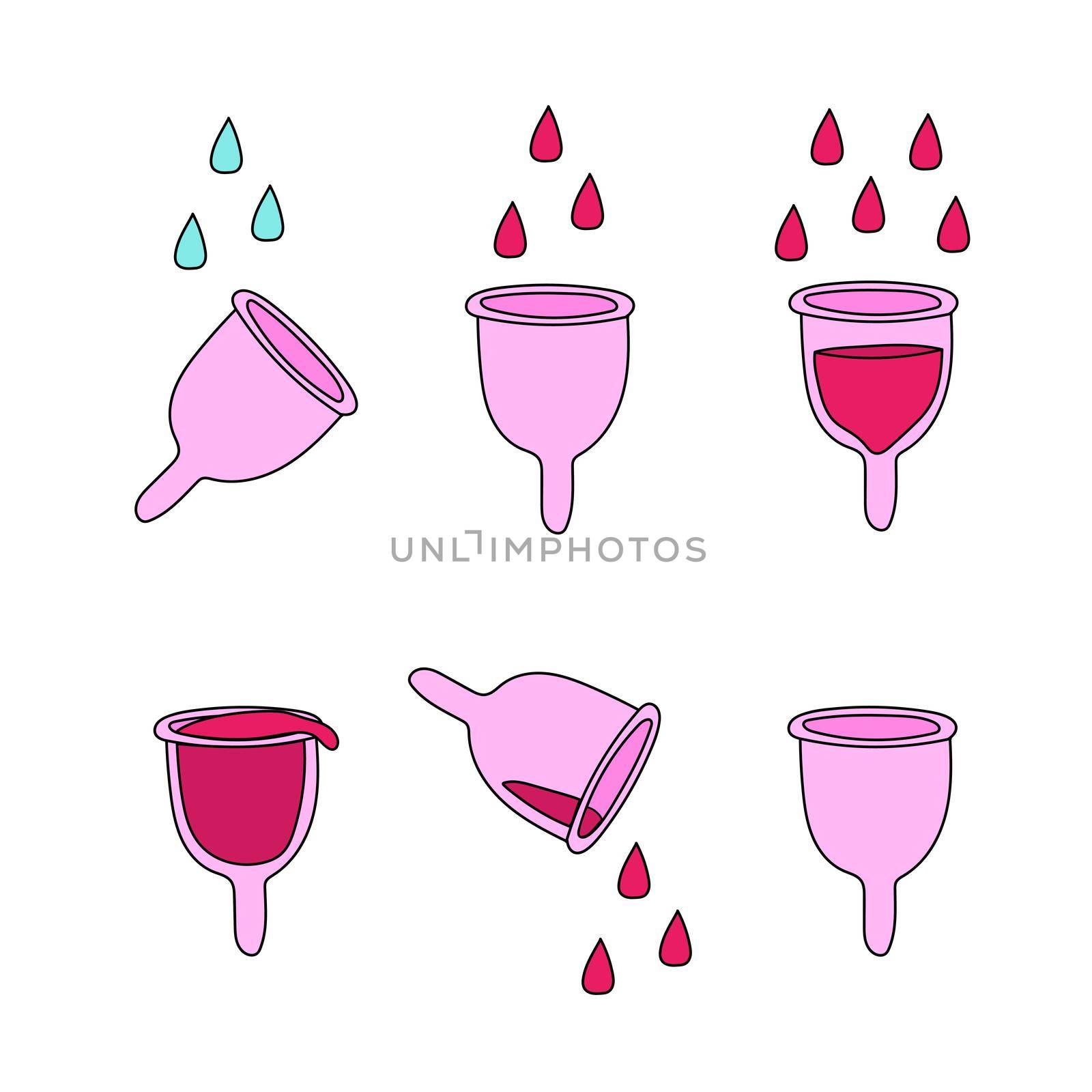 Hand drawn menstrual cups vector illustration. Icons for instructions and tutorials. Zero waste concept