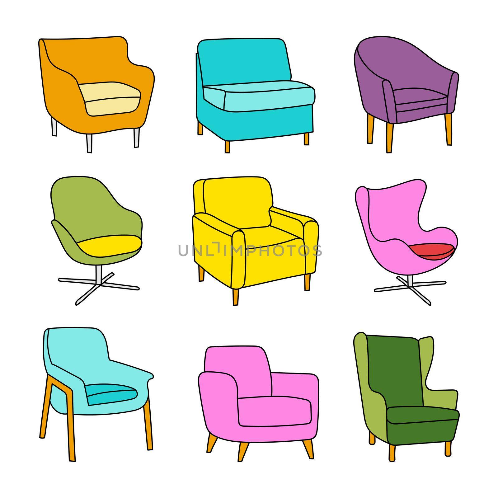 Vector set of colored armchairs in hand-drawn style on white. Elements for design, catalogs, furniture site