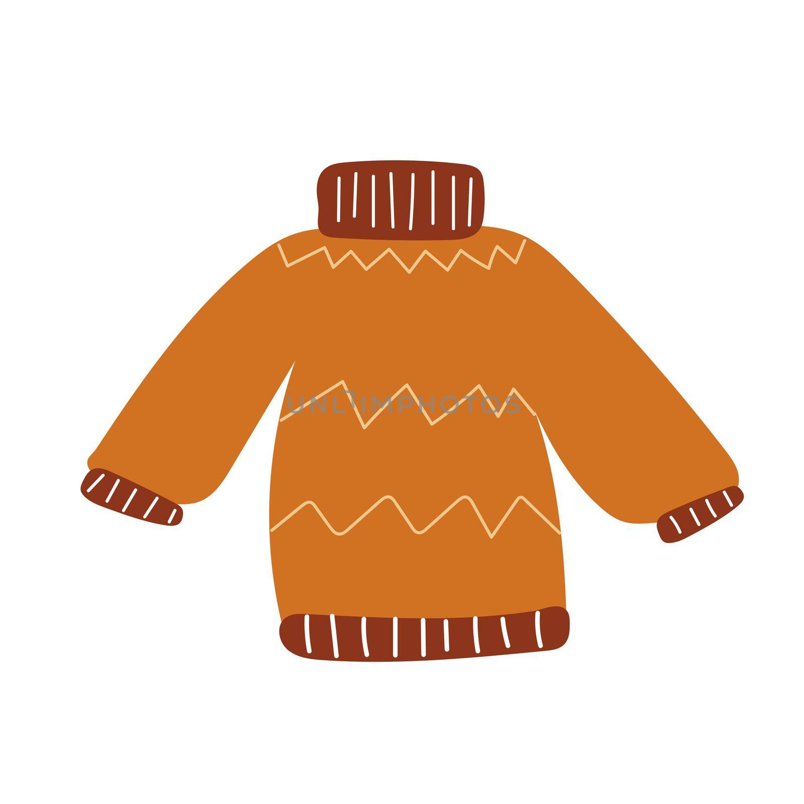 Vector warm knitted wool pullover cartoon icon on white. Cold weather apparel, fashion design element.