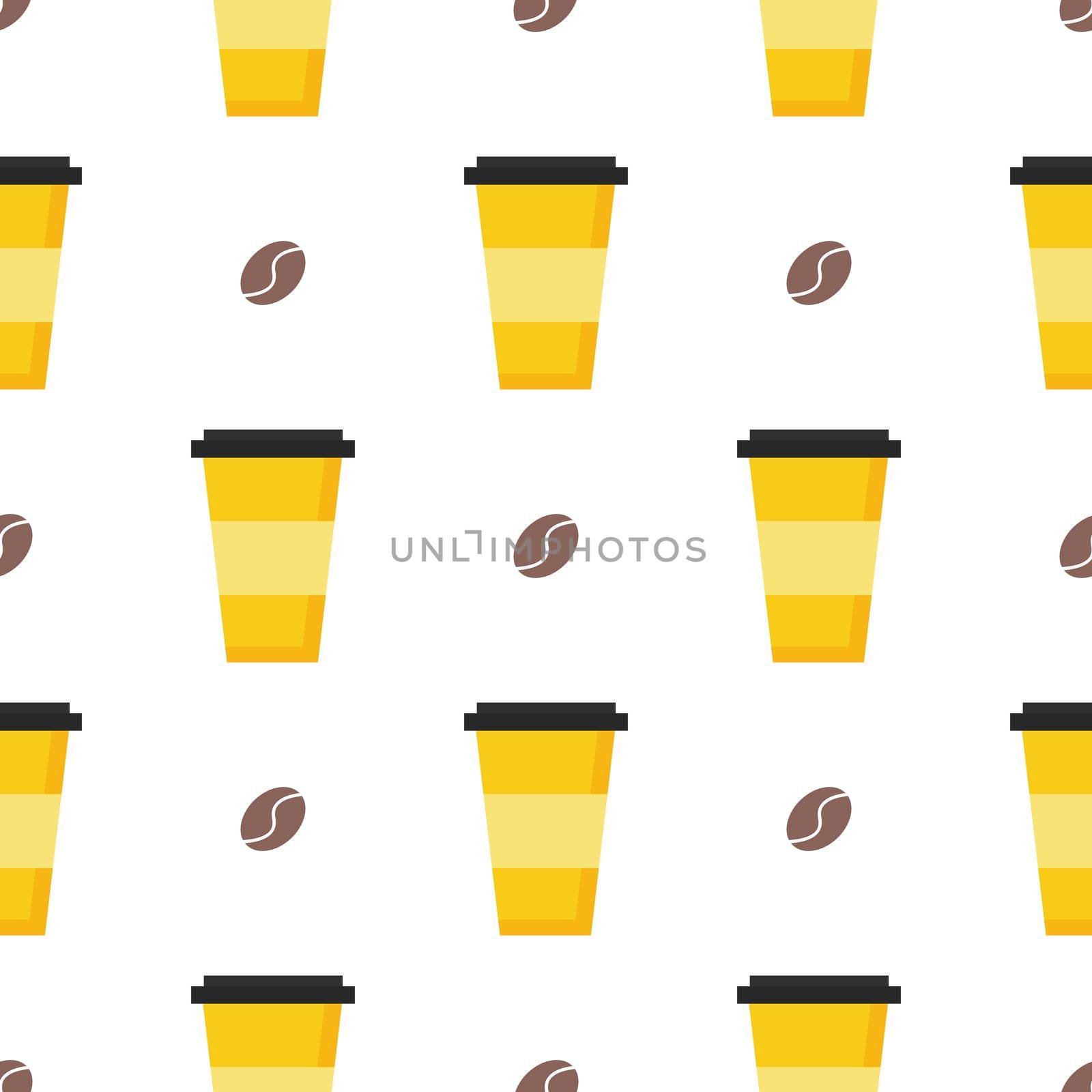 Cups of coffee to go with coffee beans seamless pattern. Cafe or Coffee shop background. Delicious drink. Vector illustration for design of menu