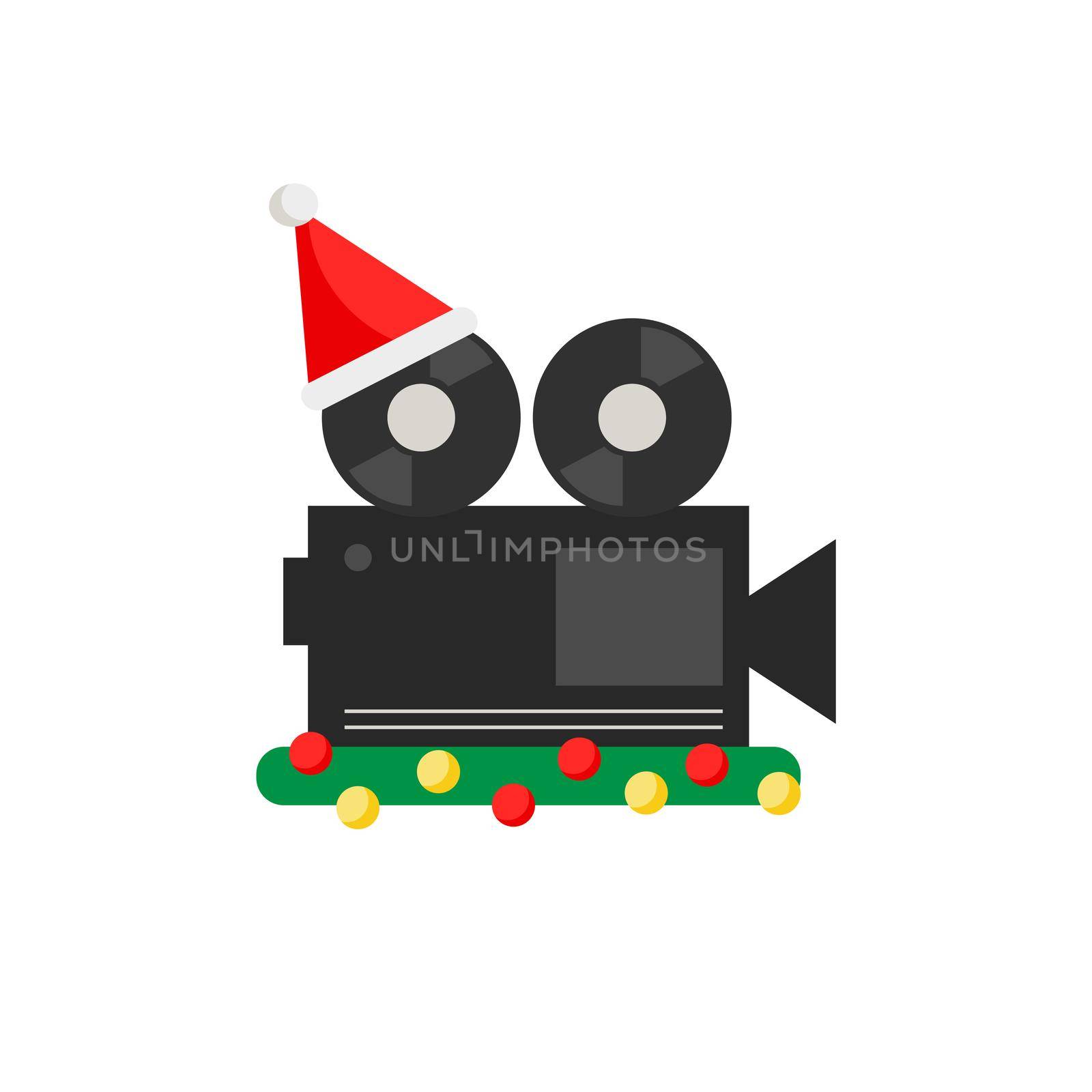 Video camera or Film Projector with red christmas santa hat Vector Flat Icon on white