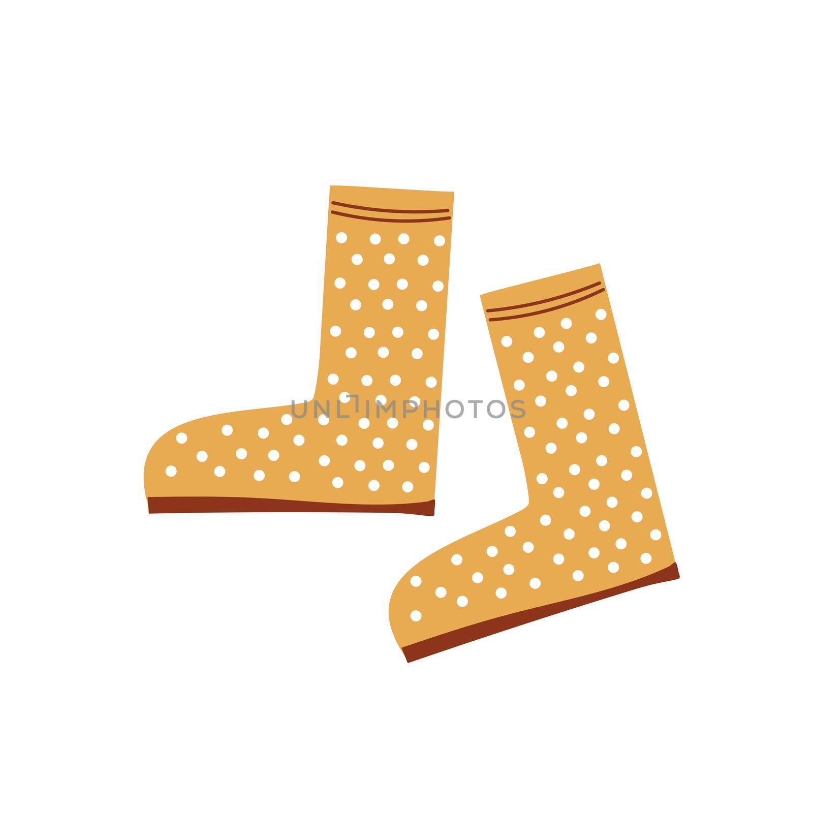 Hand drawn cartoon yellow rubber boots with dots. Cute funny vector by natali_brill