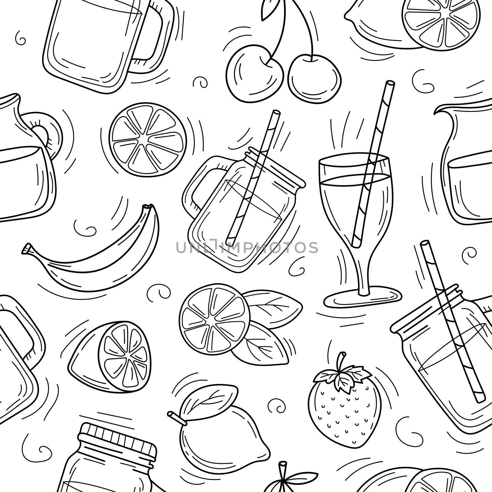 Cute cartoon hand drawn background of summer cocktails and lemonade. Doodle summer background. Black and white drawn
