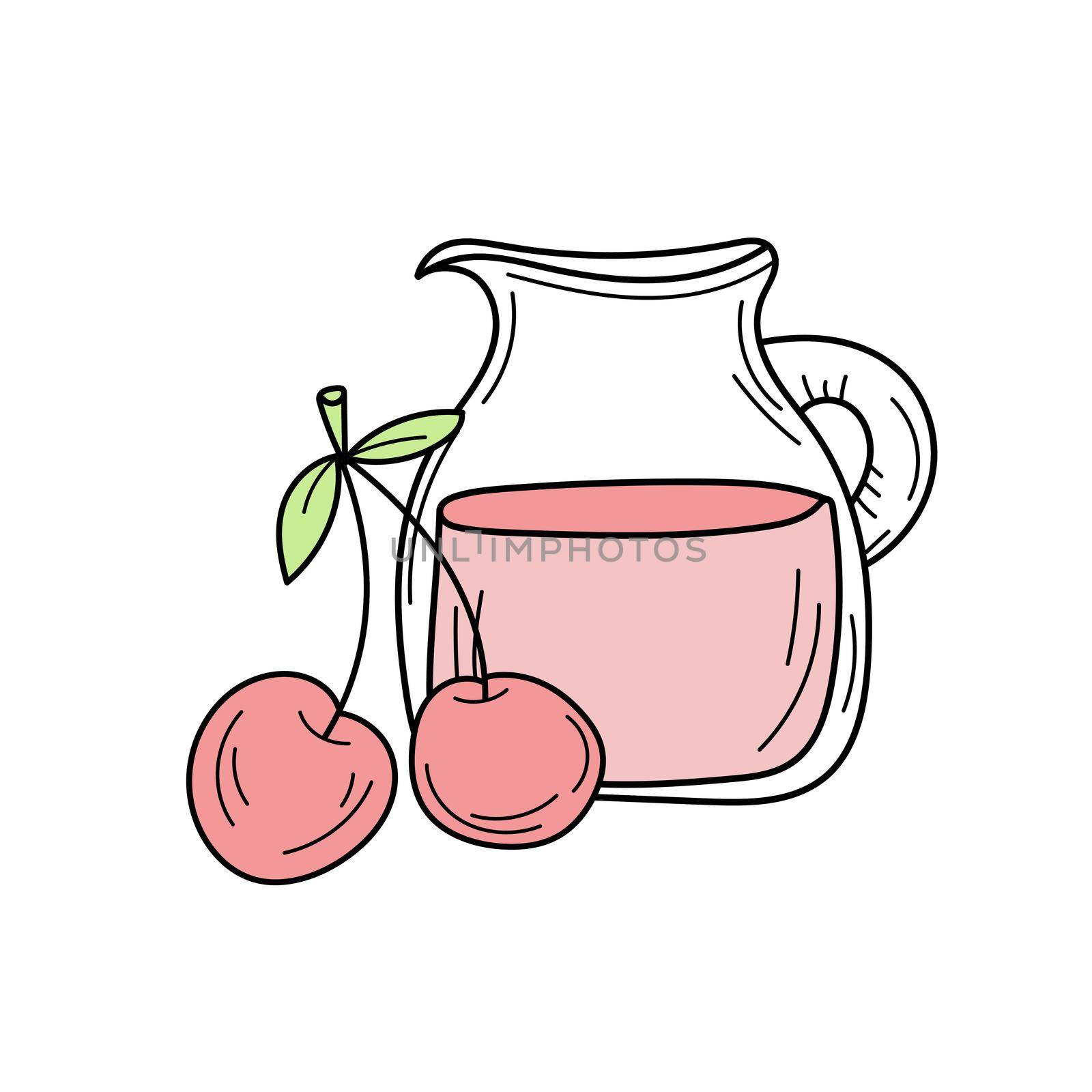 Juice with cherry in a glass jug, vector cartoon card with fresh berries by natali_brill