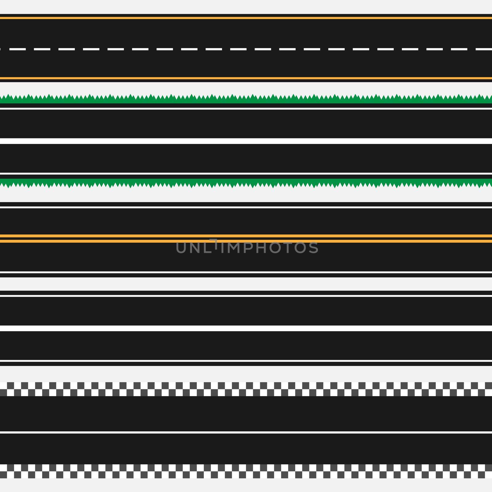 Template set of straight asphalt roads. Seamless road background. Different types of roads. Track. Grass road. Vector