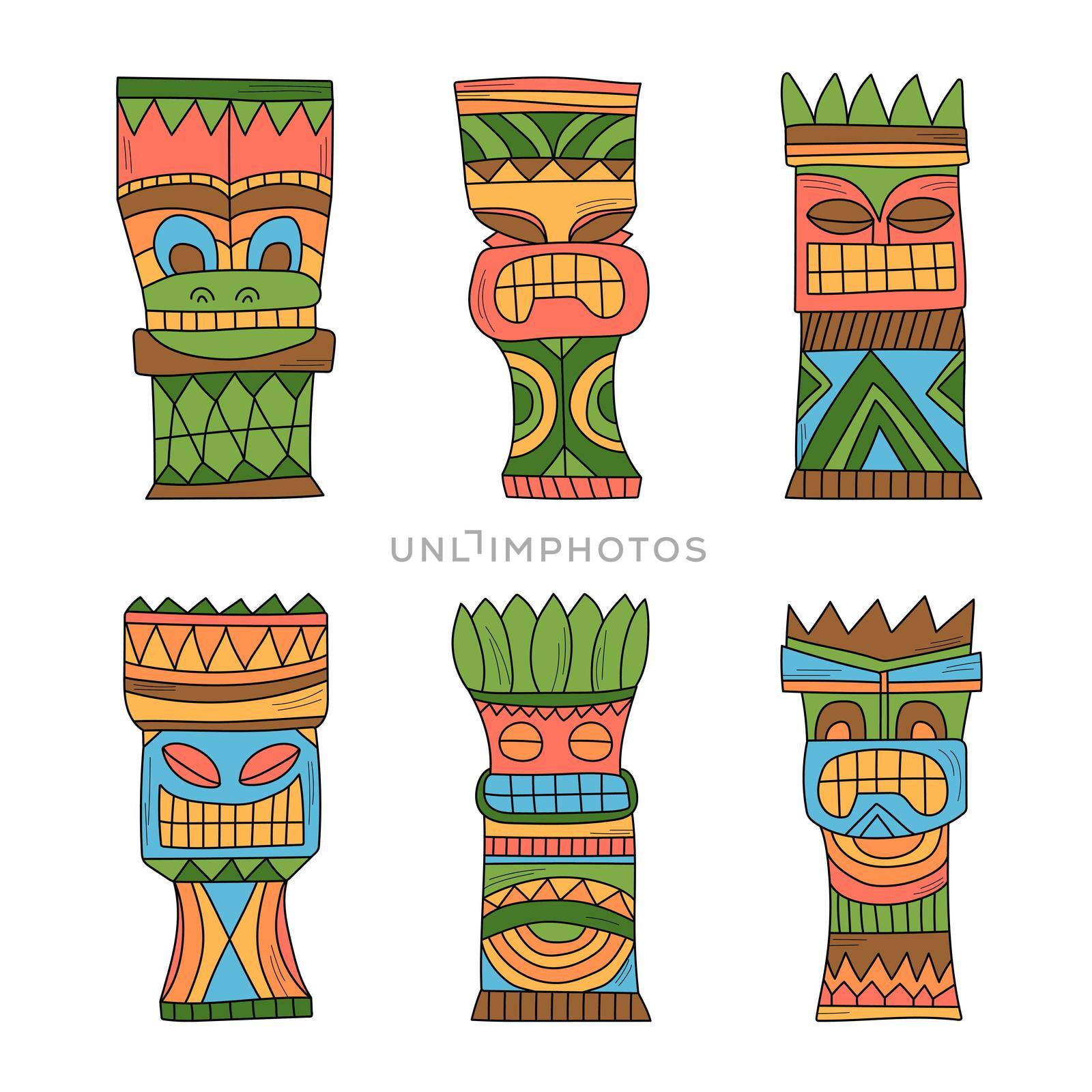 Colourful Wood Polynesian Tiki idols, gods statue carving. Vector illustration by natali_brill