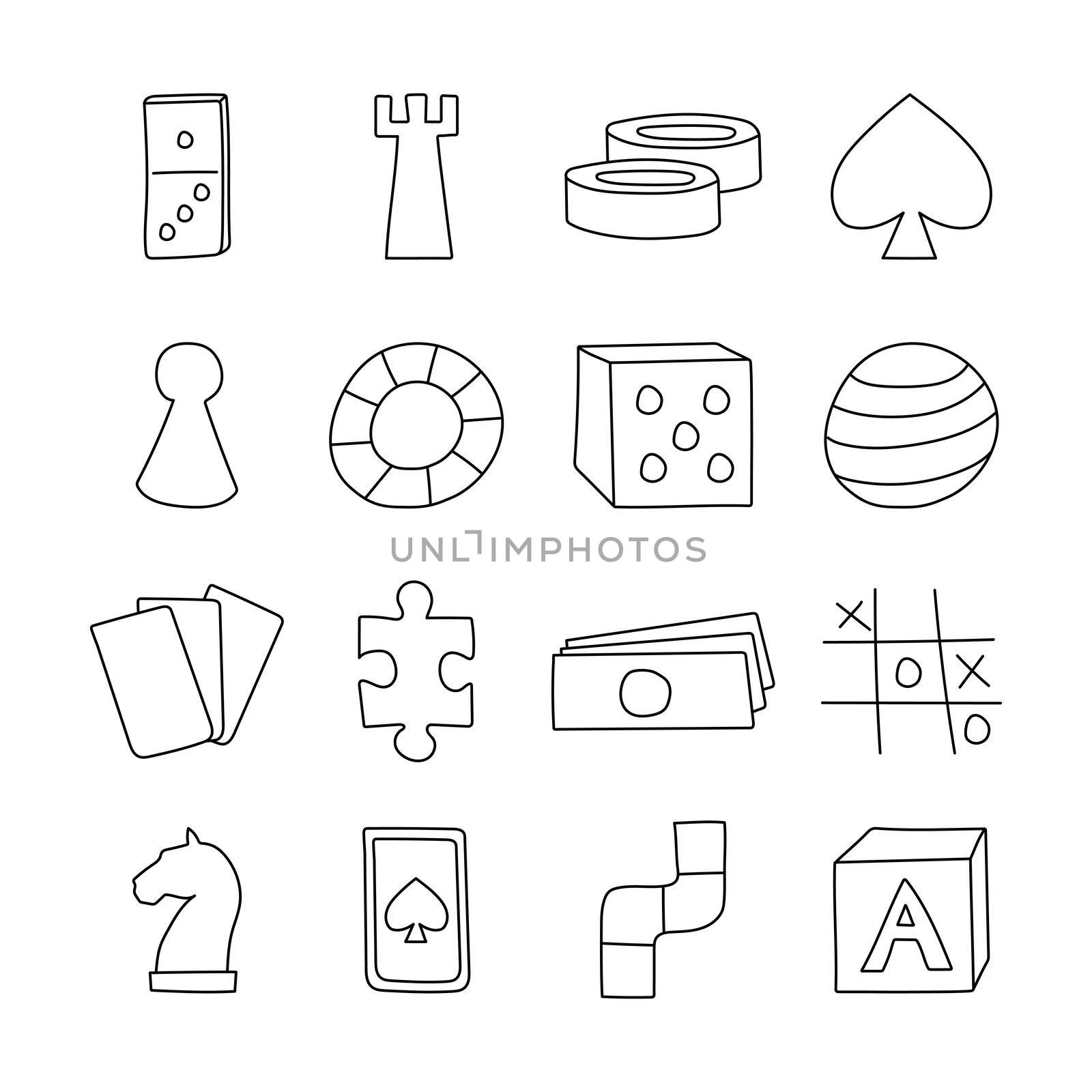 Board game icons in hand drawn cartoon style. Black and white doodle vector illustration.