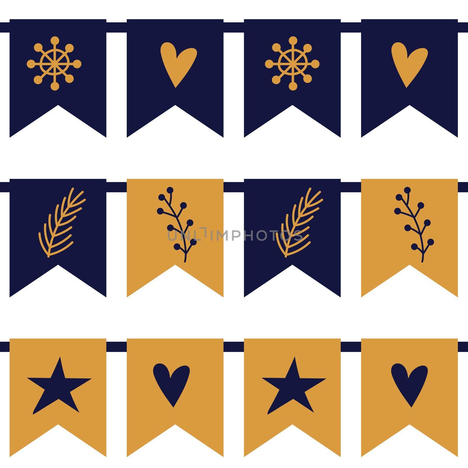 Vector Illustration of Colorful Garlands on white. Blue and yellow flags. Holiday set. Seamless