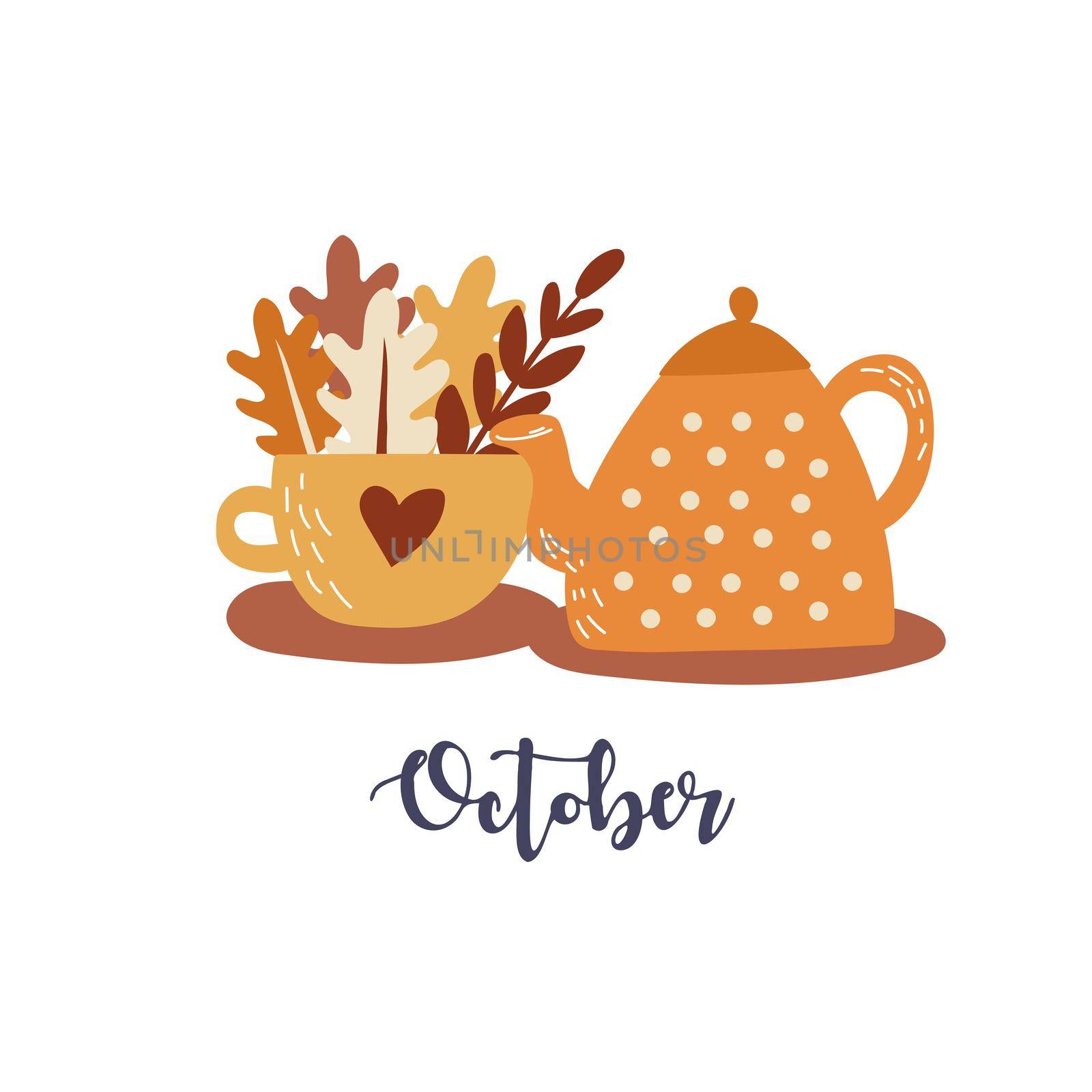 Autumn vector illustration - October. Cute teapot and cup with autumn leaves. Vector illustration for postcard. Hand-drawn.