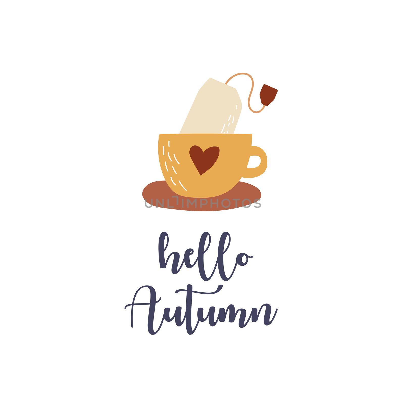 Hello autumn lettering with cup and tea bag. Cup with heart. Fall season - lettering vector illustration