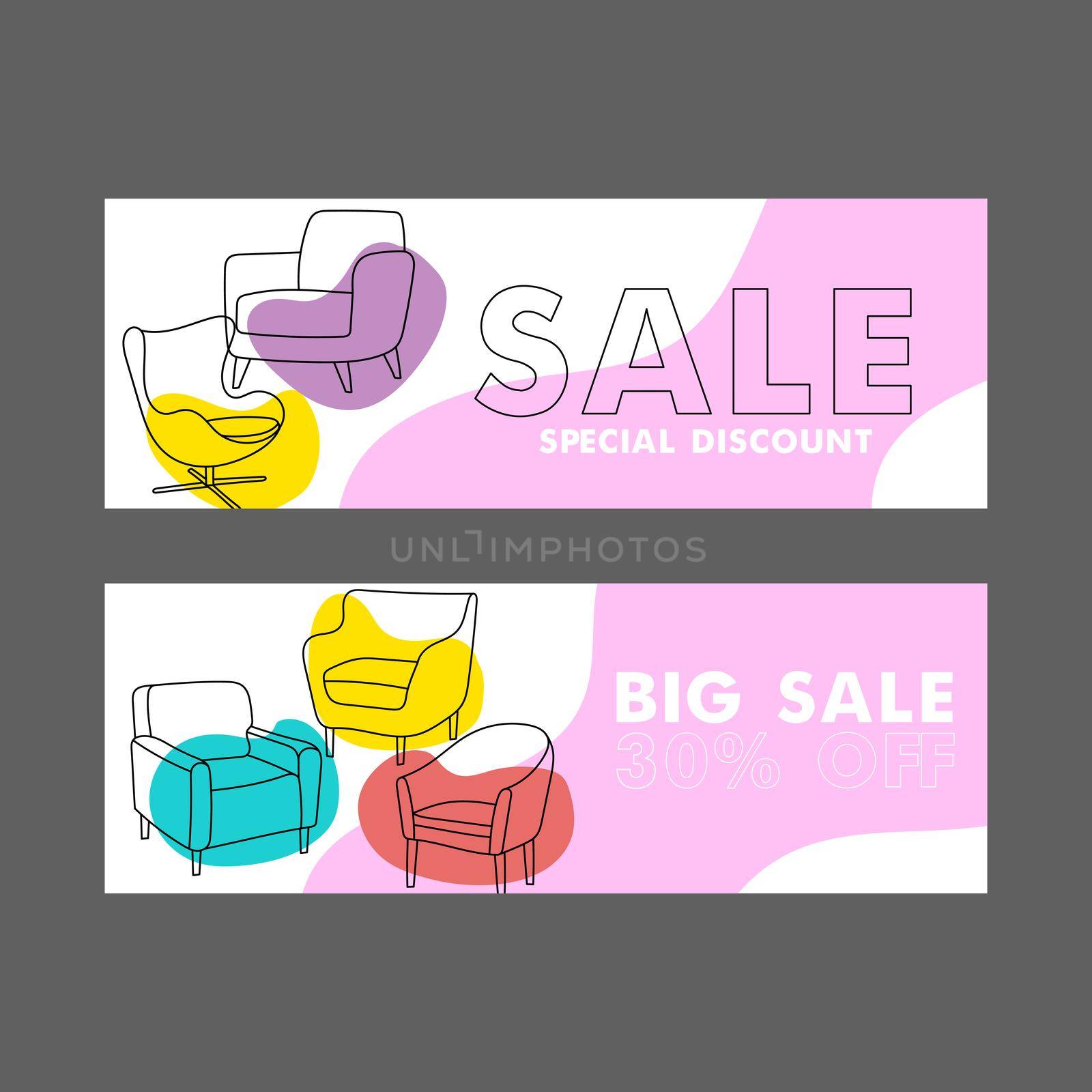 Furniture shop sale and discounts for clients, mega offering. Home interior design and furnishing, modern armchair. Vector banners